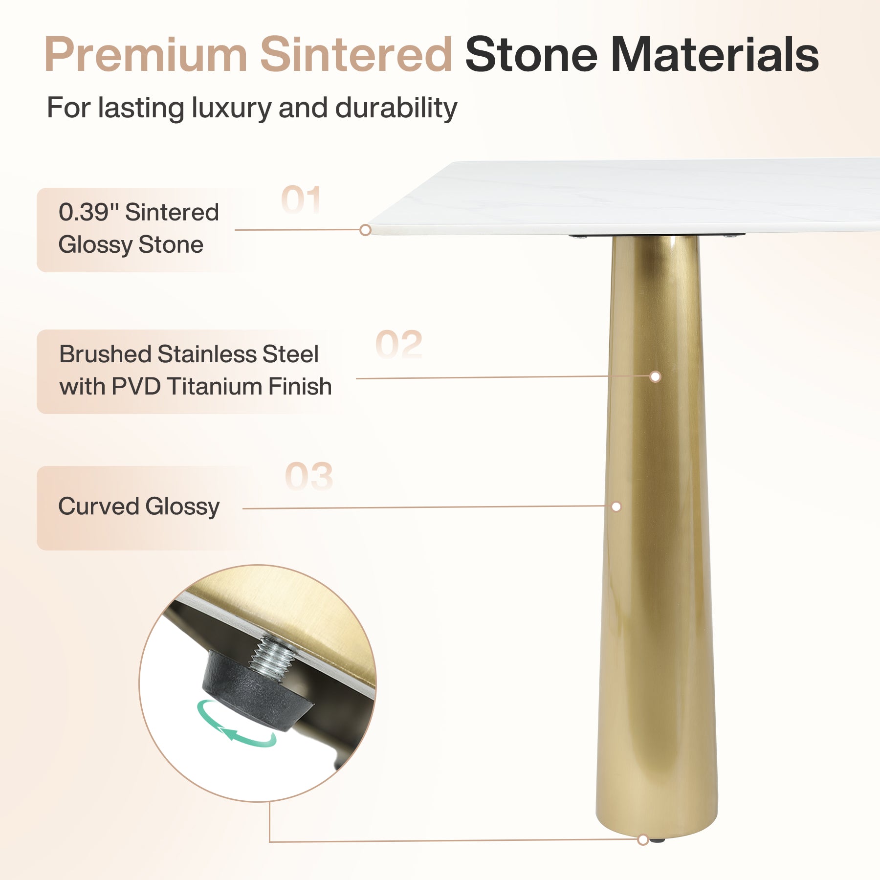 63" Sintered Stone Dining Table, Modern Luxury Kitchen Table with Gold Brushed Stainless Metal Base
