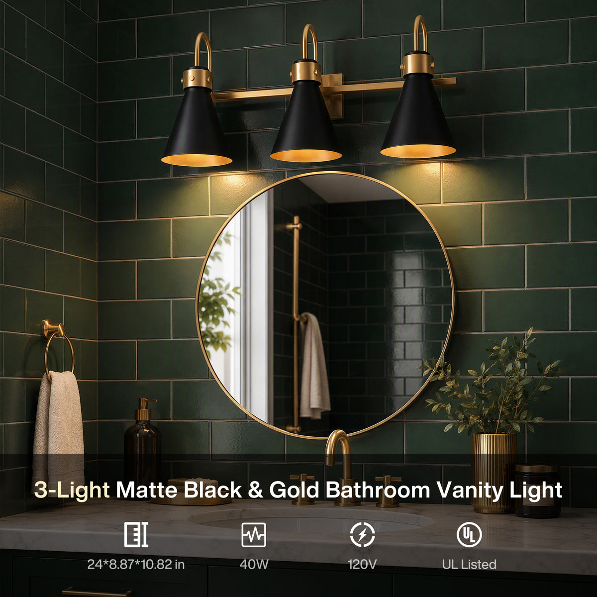 Tribesigns 3-Light Bathroom Vanity Light Black Gold Wall Sconce E12 Base