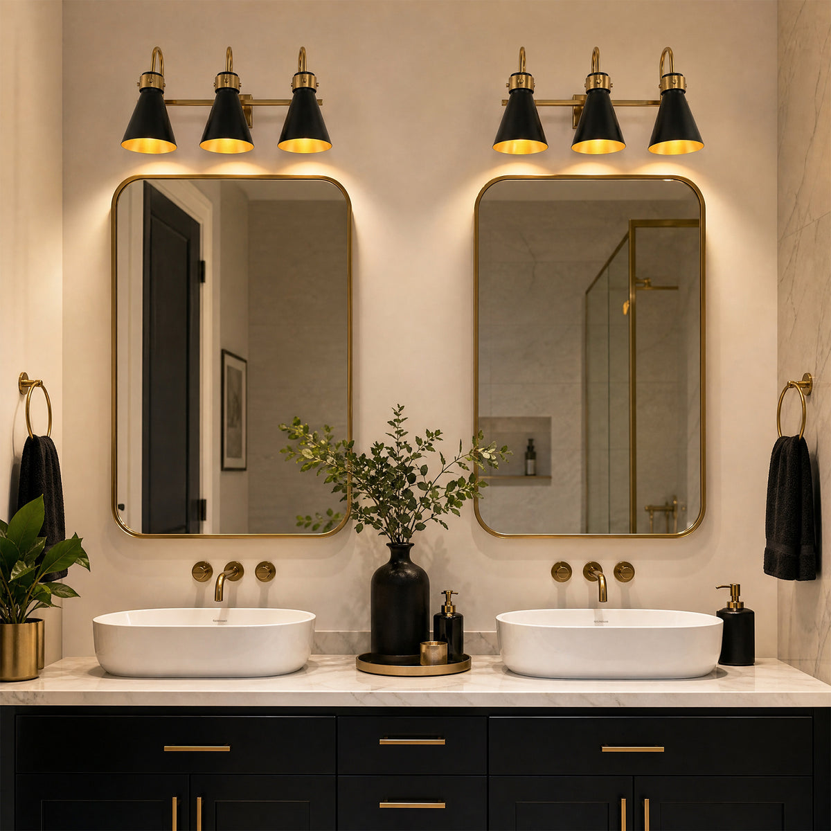 Tribesigns 3-Light Bathroom Vanity Light Black Gold Wall Sconce E12 Base