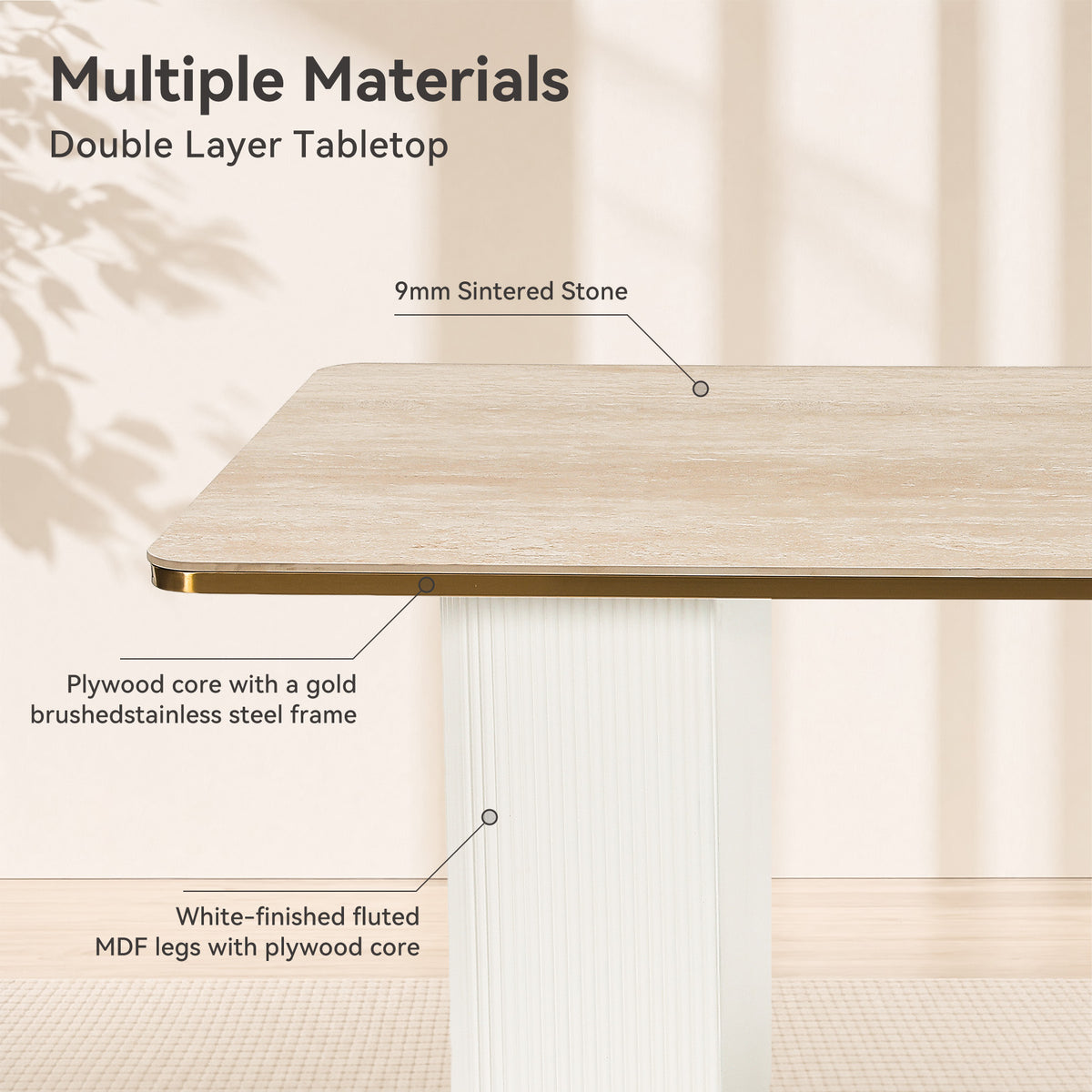71" Sintered Stone Dining Table, Rectangular Kitchen Table with Fluted MDF Pedestal Base for 4-8