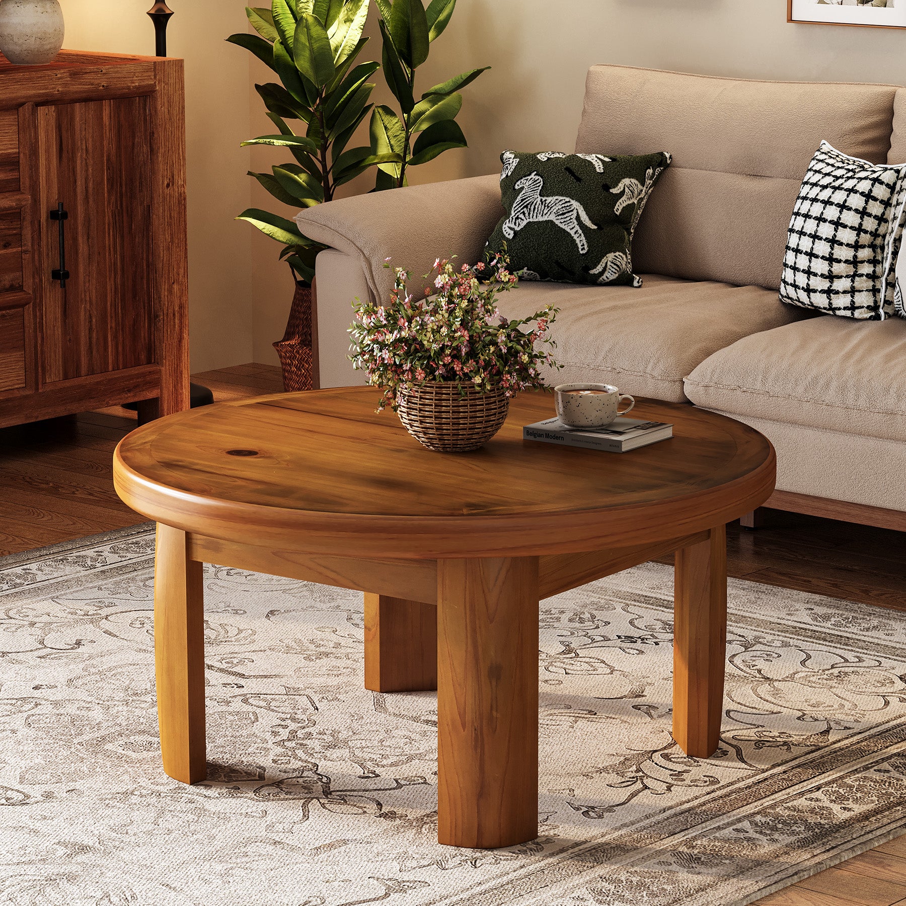 Solid Wood Round Coffee Table, 31.5" Mid Century Modern Center Tea Table
