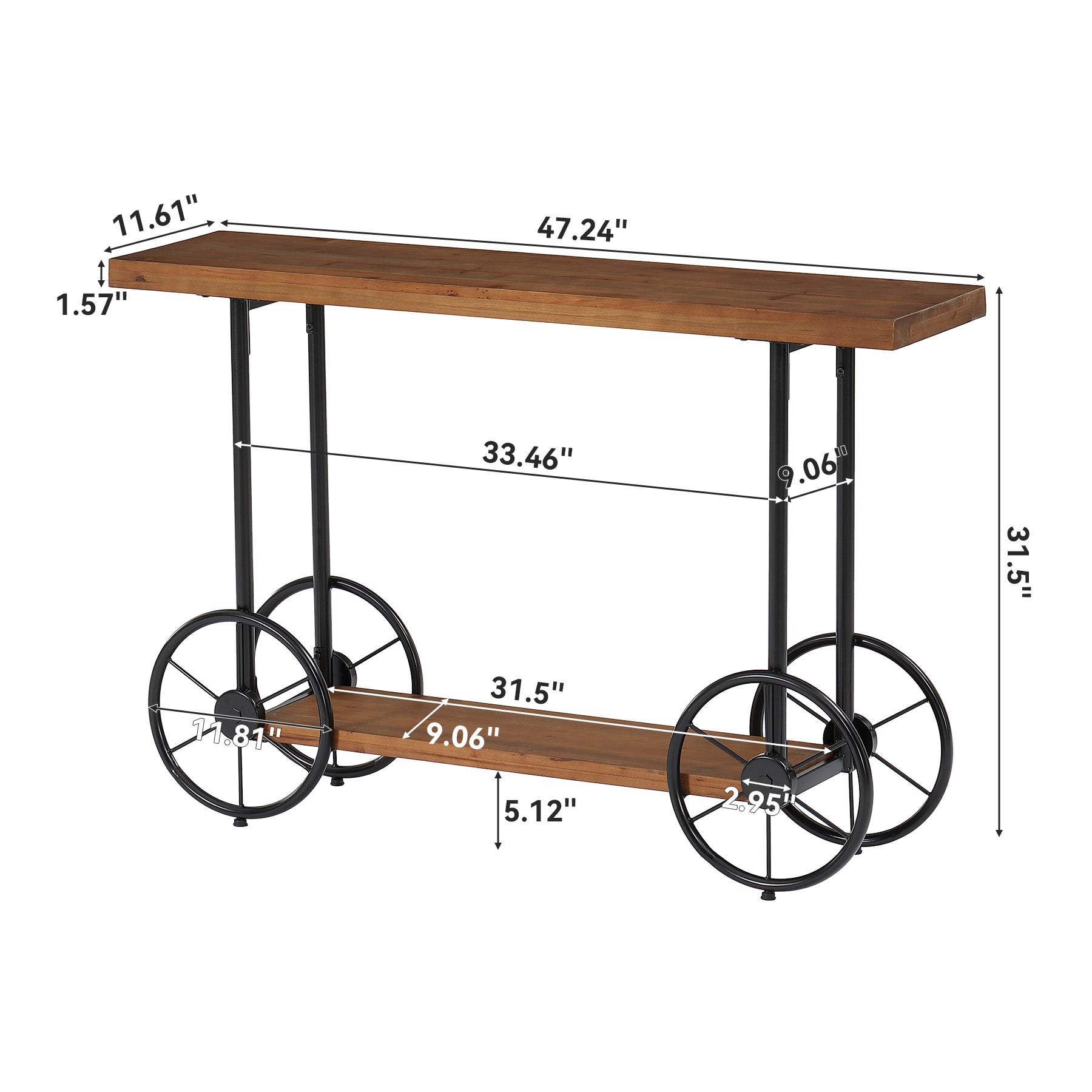 47" Solid Wood Industrial Console Table with 2-Tier Shelves – Narrow Entryway Sofa Table with Metal Base for Hallway or Living Room