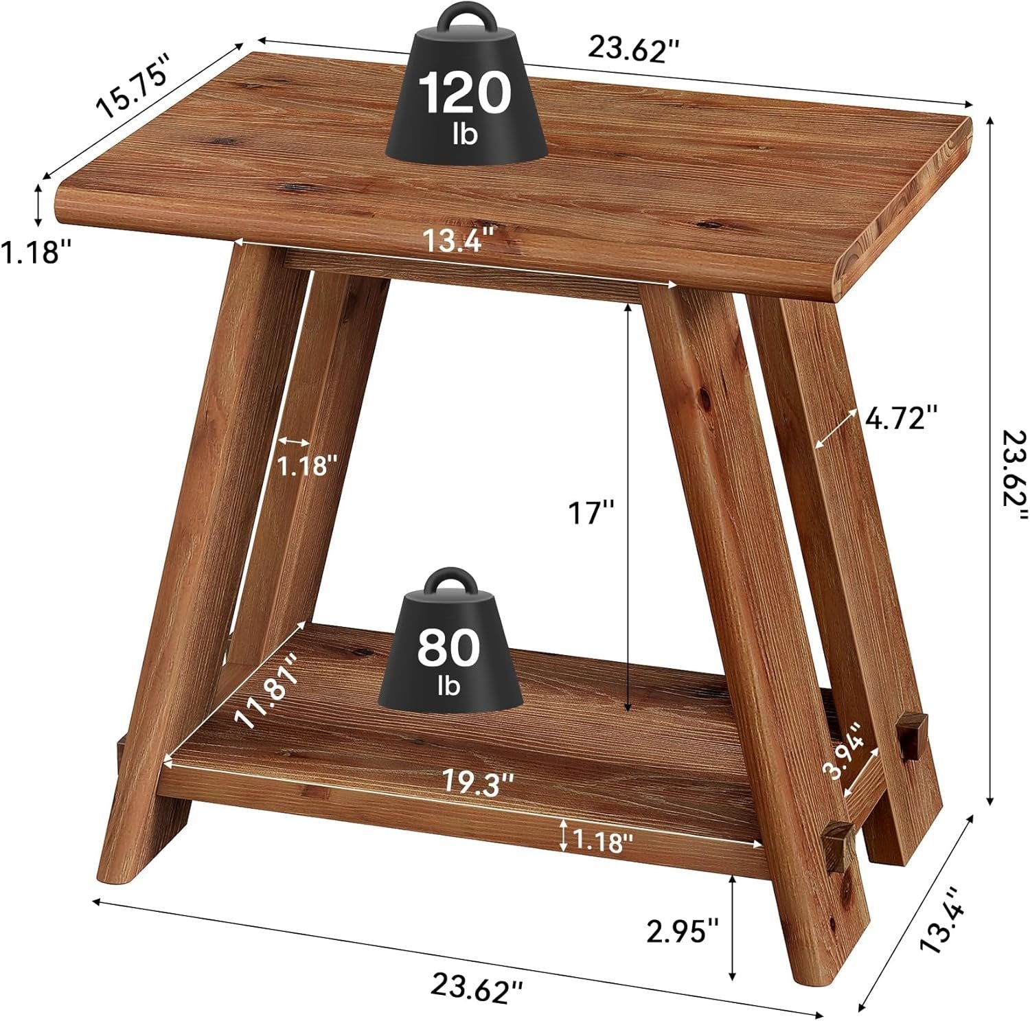 23.62" Solid Wood Side Table, Narrow End Table with 2-Tier Storage for Living Room and Bedroom