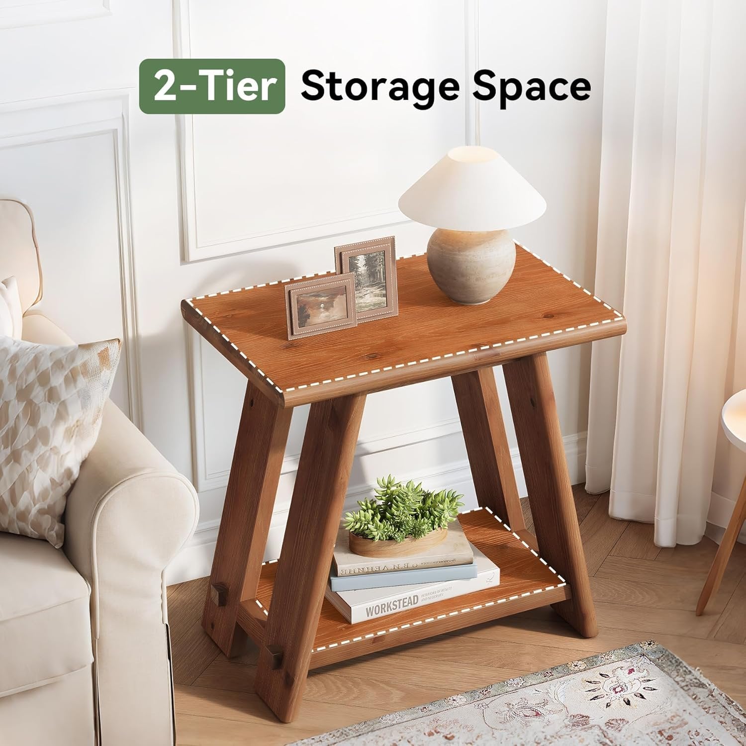 23.62" Solid Wood Side Table, Narrow End Table with 2-Tier Storage for Living Room and Bedroom
