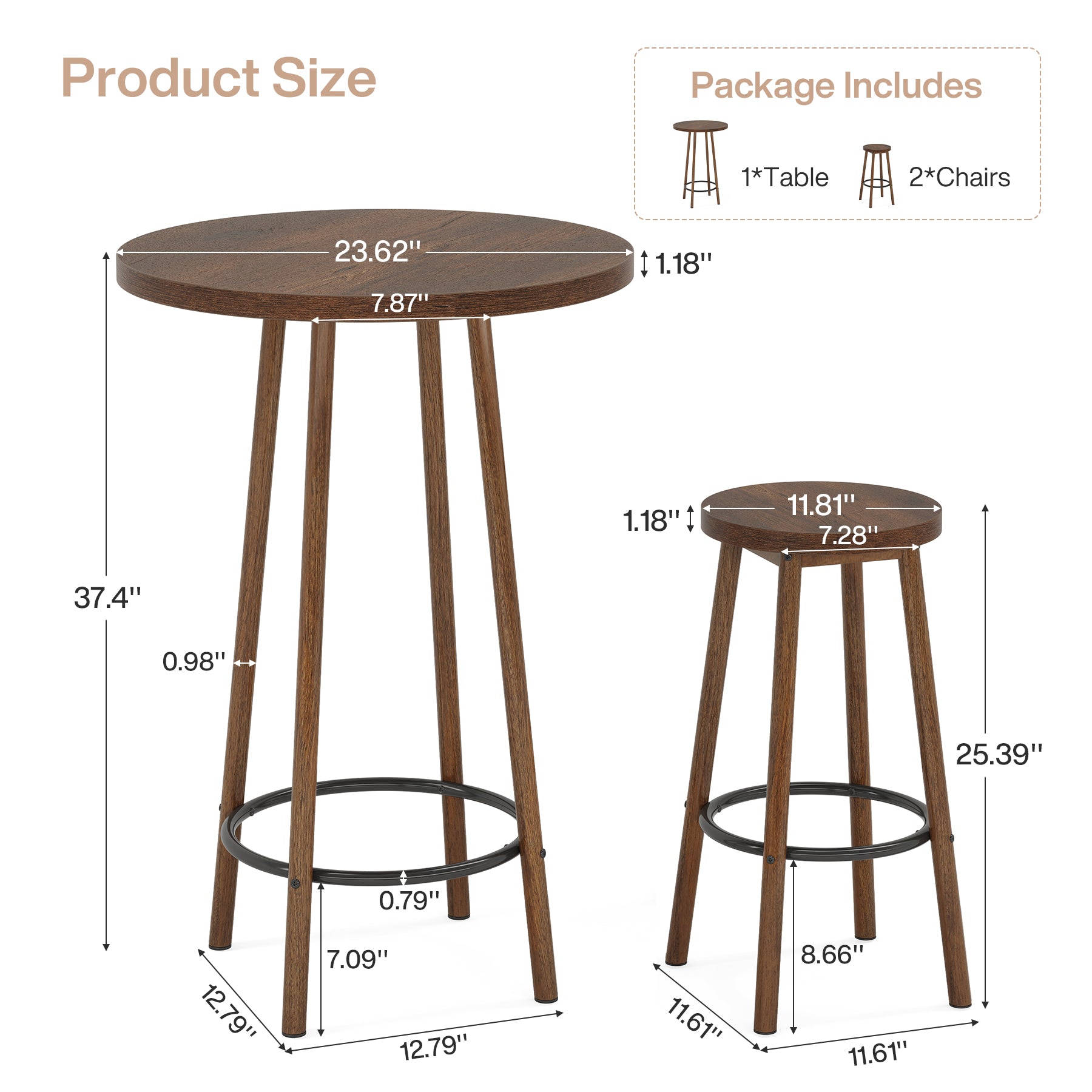 23.6" Bar Table Set, 3 Pieces Round Pub Table Bar Height Table with 2 Stools