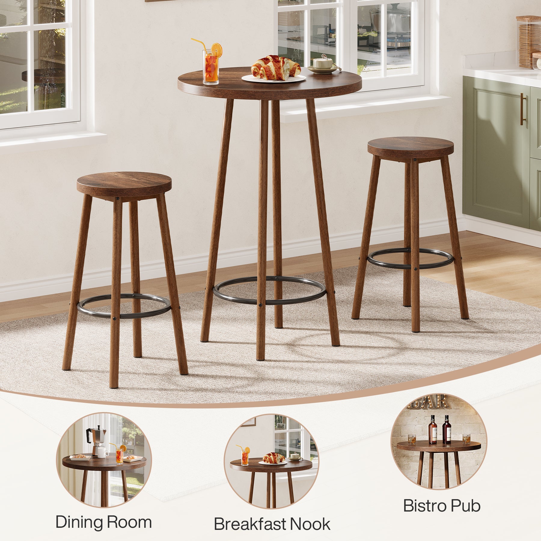 23.6" Bar Table Set, 3 Pieces Round Pub Table Bar Height Table with 2 Stools