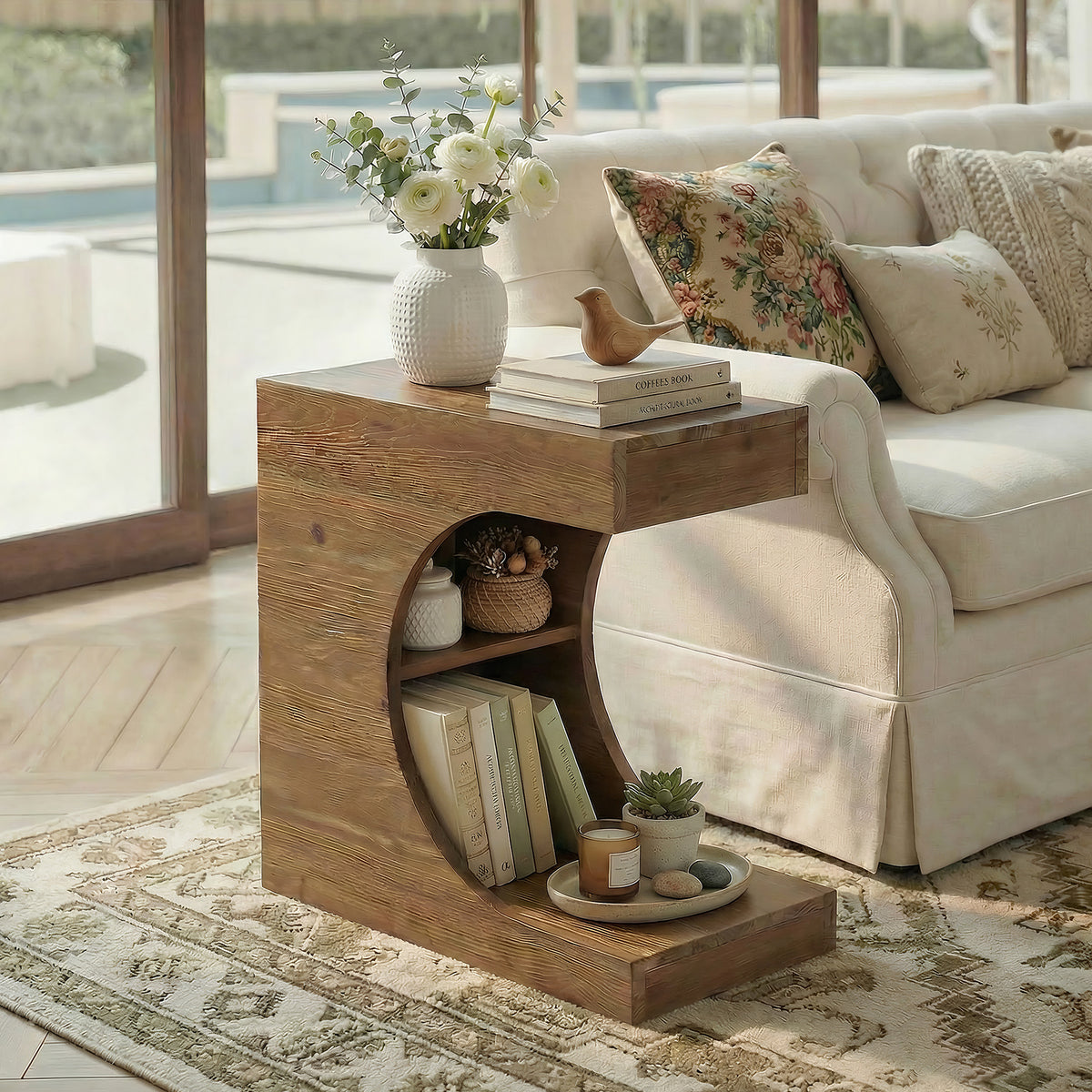 23.6" C-Shaped End Table, Modern Solid Wood Side Table Nightstand with 2-Tier Storage