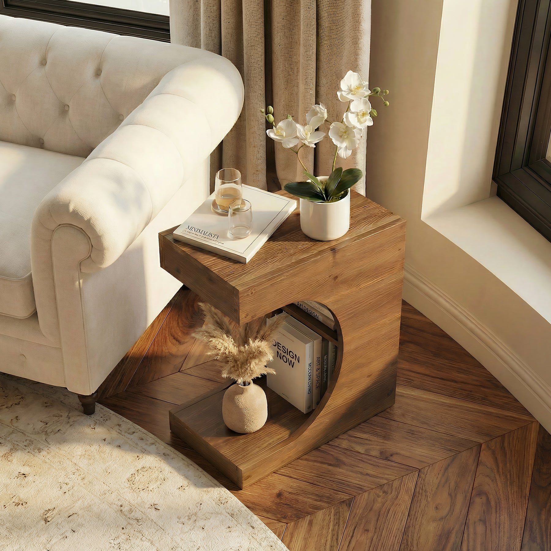 23.6" C-Shaped End Table, Modern Solid Wood Side Table Nightstand with 2-Tier Storage