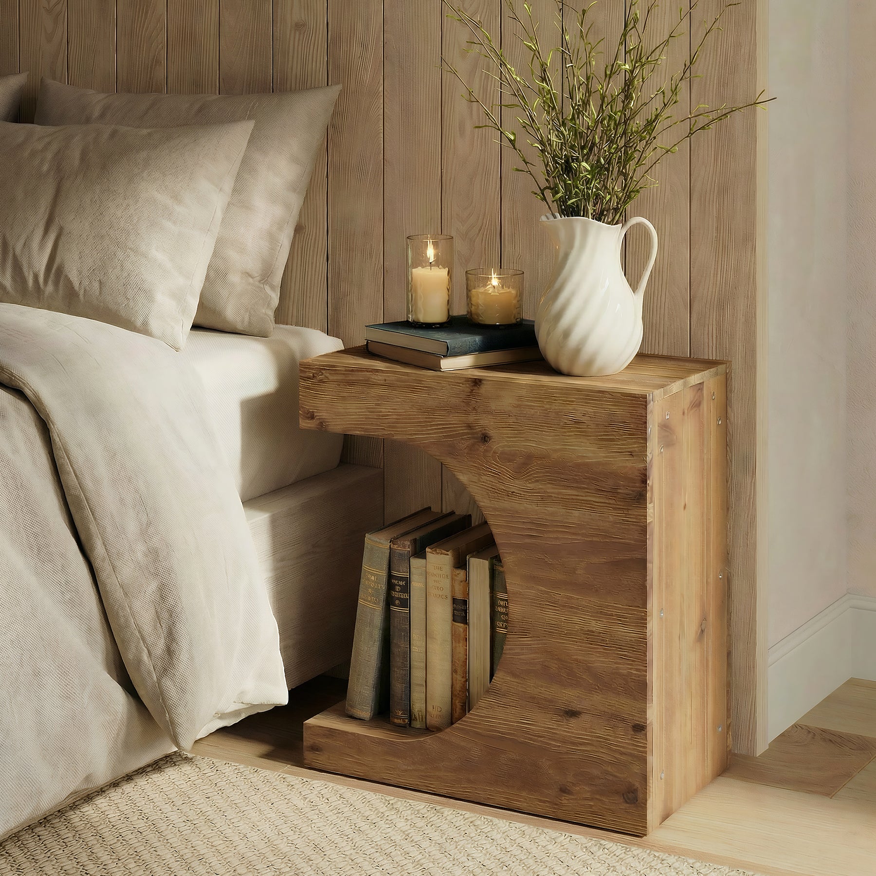 23.6" C-Shaped End Table, Modern Solid Wood Side Table Nightstand with 2-Tier Storage