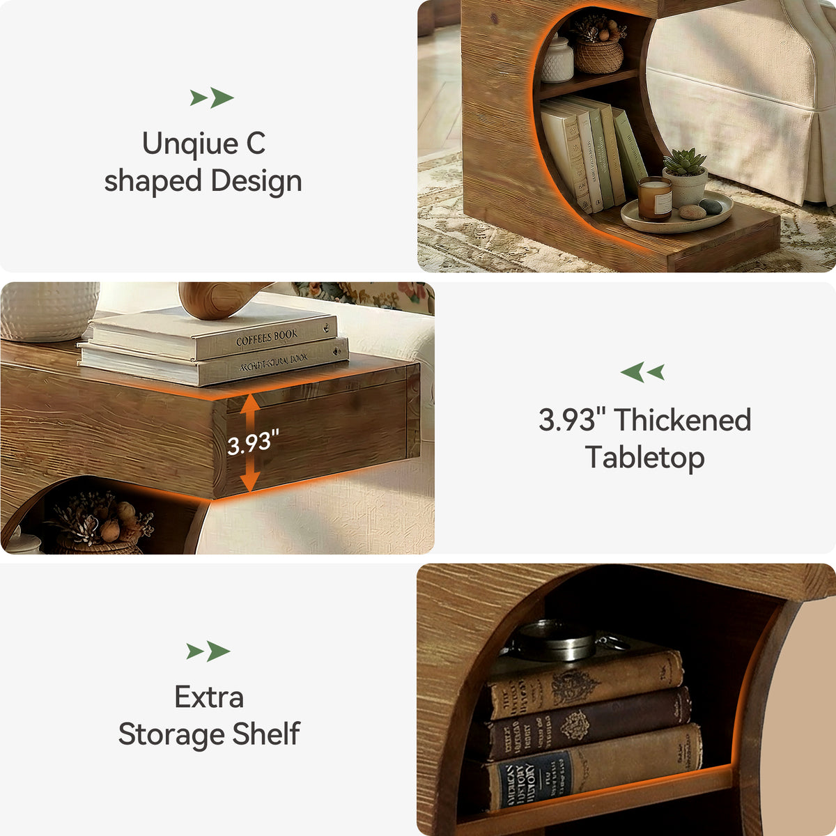 23.6" C-Shaped End Table, Modern Solid Wood Side Table Nightstand with 2-Tier Storage