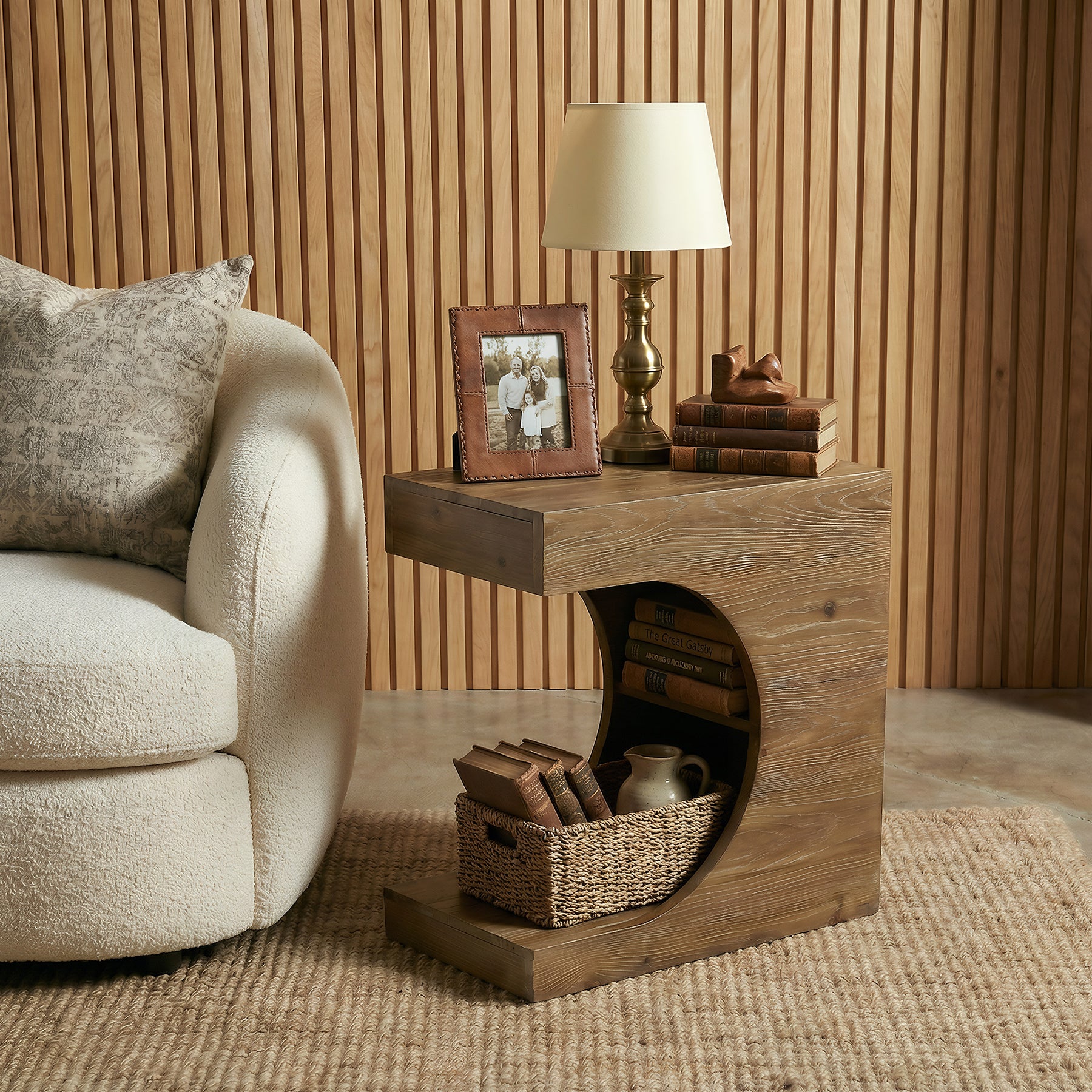 23.6" C-Shaped End Table, Modern Solid Wood Side Table Nightstand with 2-Tier Storage