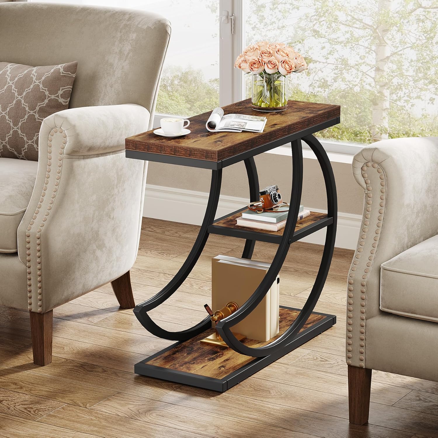 23.6“ End Table, 3 - Tier Couch Side Table with 3 Storage Shelves Tribesigns