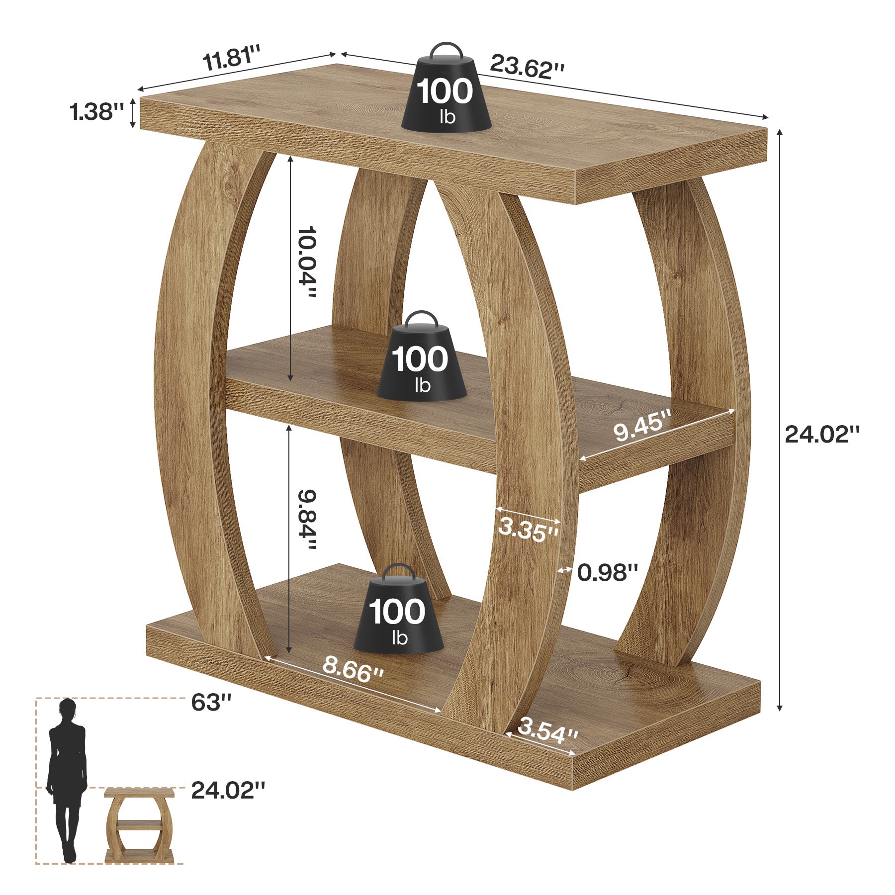 23.6" End Table, 3-Tier Farmhouse Side Table with Geometric Frame