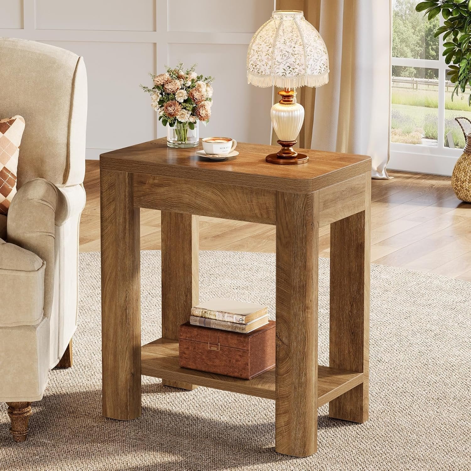 23.6" End Table, Farmhouse Wooden Side Table with Storage Shelf