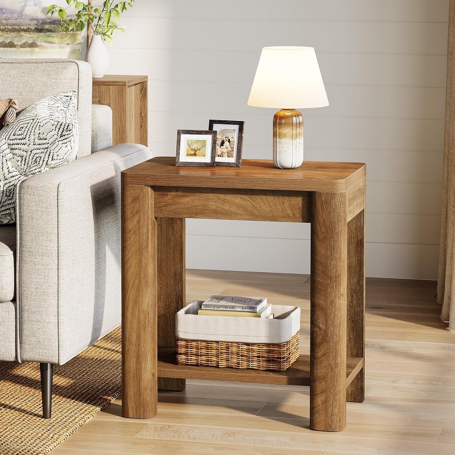 23.6" End Table, Farmhouse Wooden Side Table with Storage Shelf