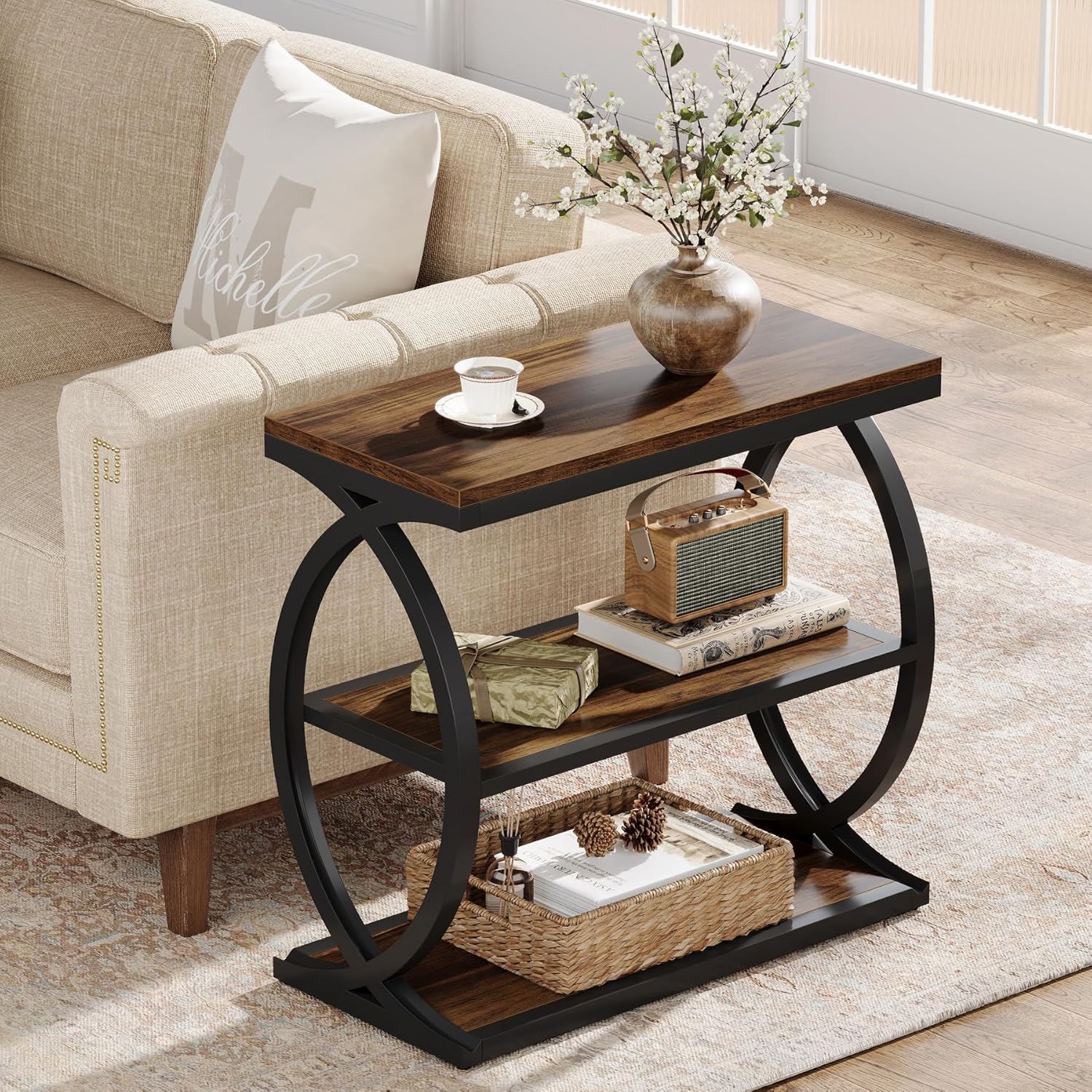 23.6" End Table, Narrow 3 - Tier Side Table with Oval Metal Frame Tribesigns