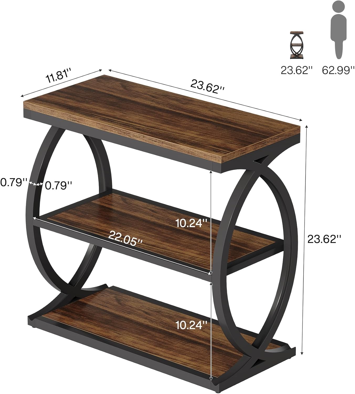 23.6" End Table, Narrow 3 - Tier Side Table with Oval Metal Frame Tribesigns