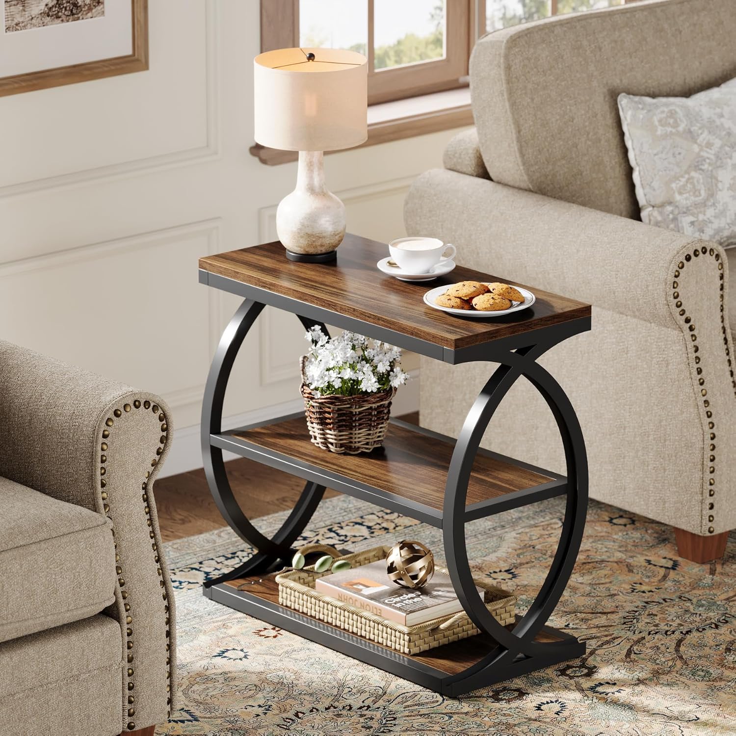 23.6" End Table, Narrow 3 - Tier Side Table with Oval Metal Frame Tribesigns