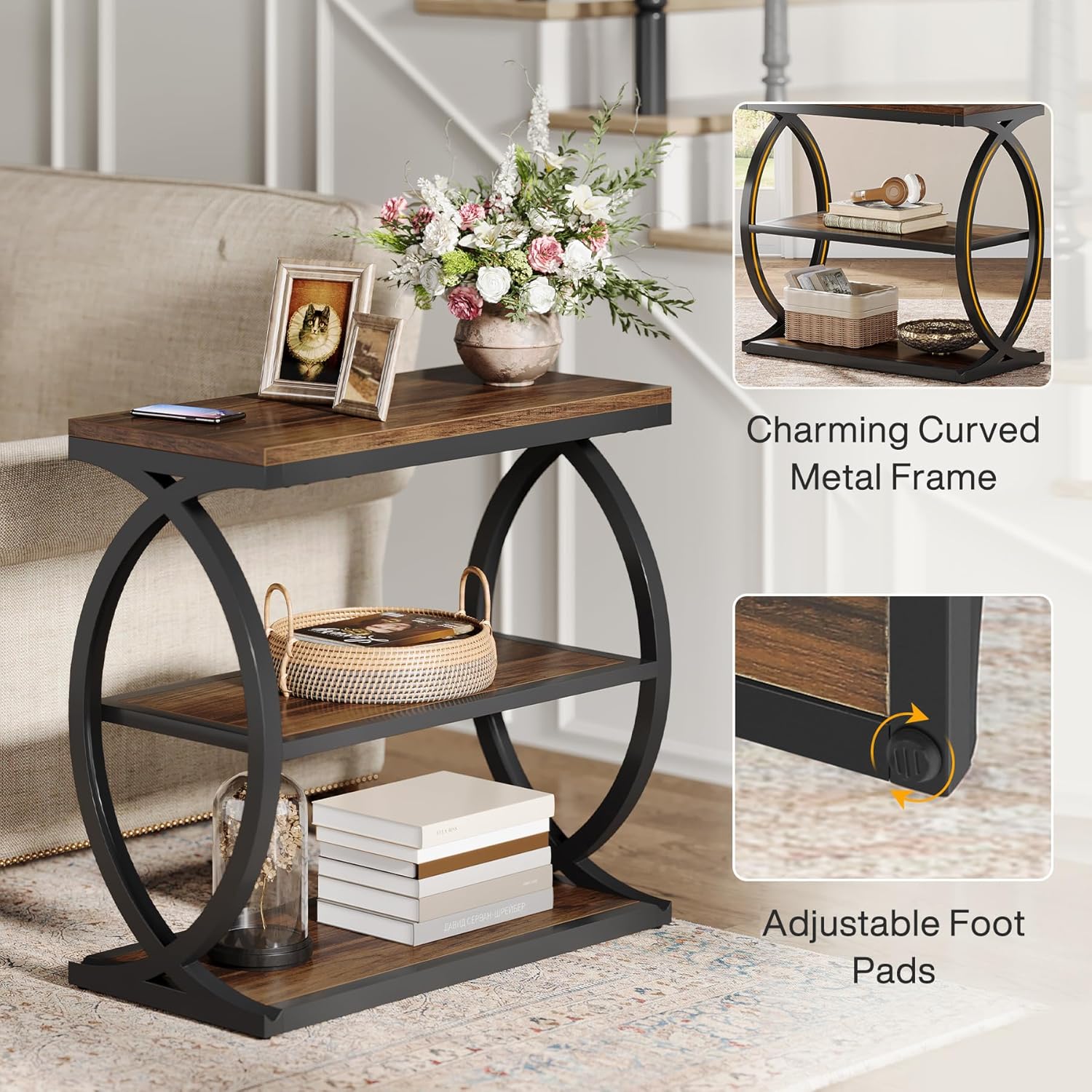 23.6" End Table, Narrow 3 - Tier Side Table with Oval Metal Frame Tribesigns