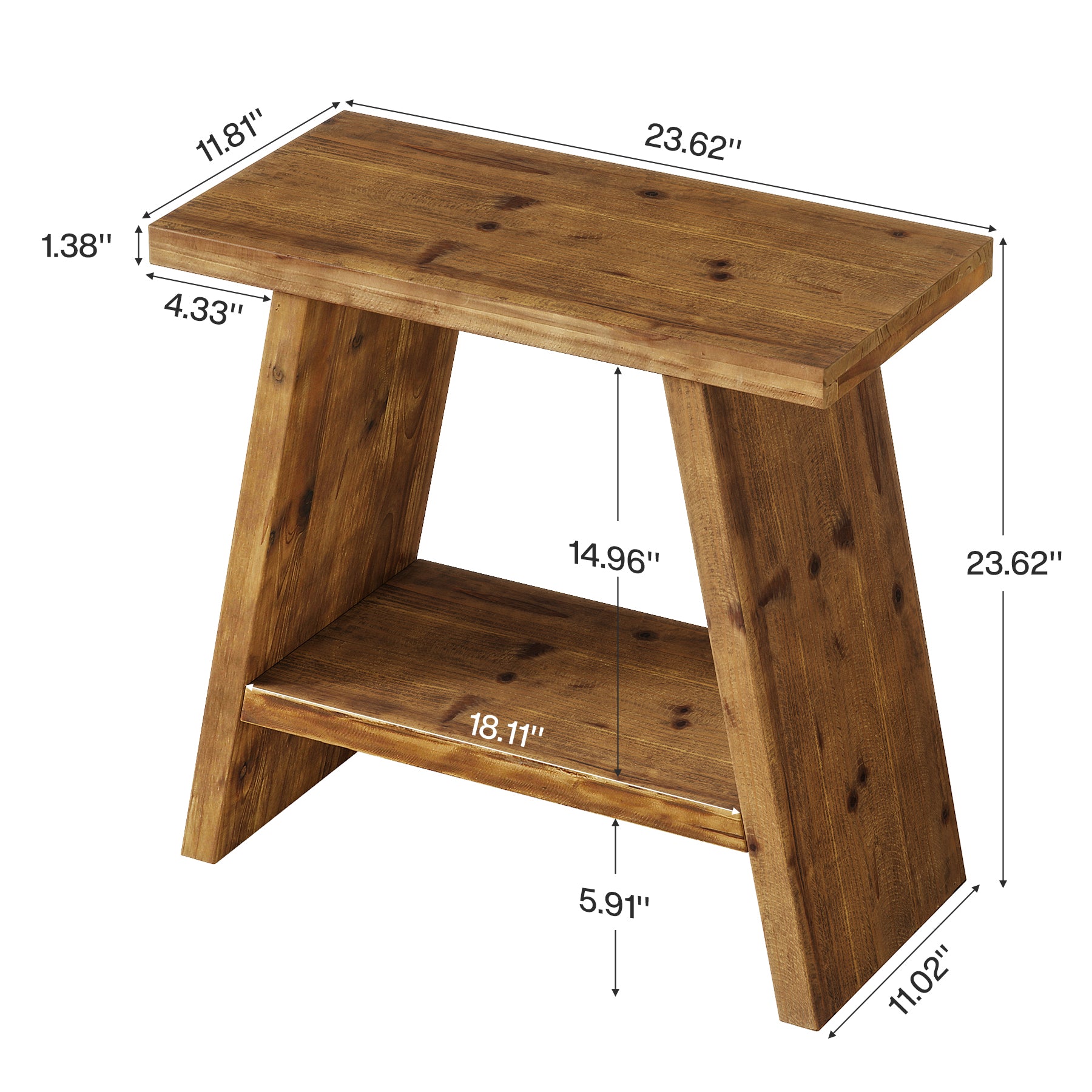 23.6" End Table, Solid Wood Small Side Table with 2-Tier Storage