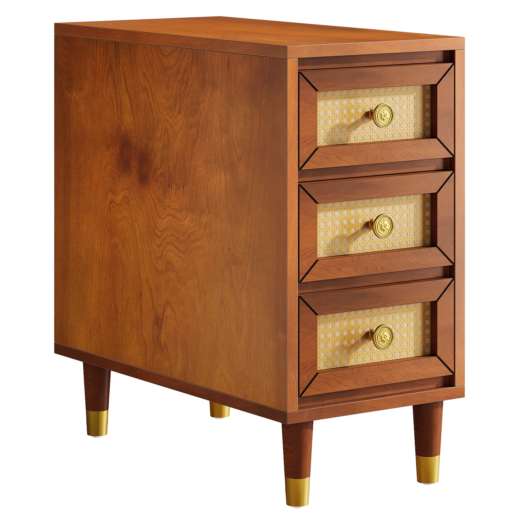 23.6" End Table, Solid Wood Sofa Side Table with Rattan Front and 3 Drawers Tribesigns