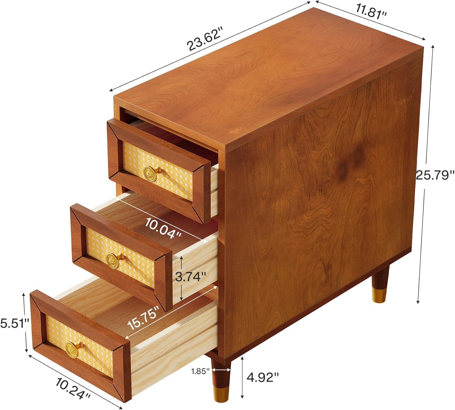 23.6" End Table, Solid Wood Sofa Side Table with Rattan Front and 3 Drawers Tribesigns