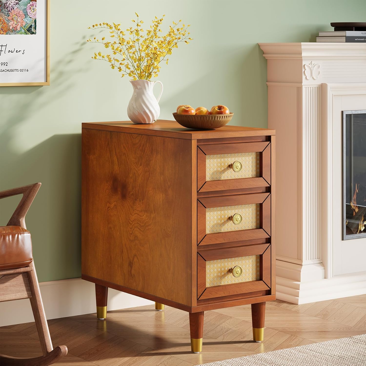 23.6" End Table, Solid Wood Sofa Side Table with Rattan Front and 3 Drawers Tribesigns