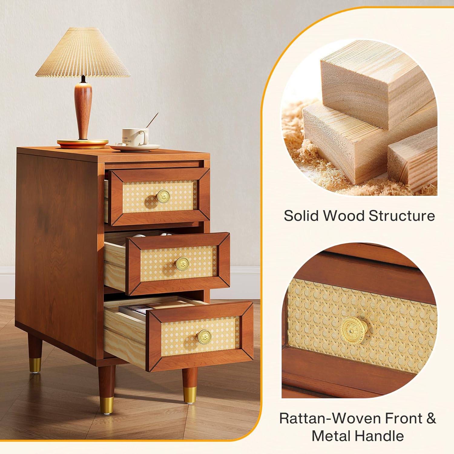 23.6" End Table, Solid Wood Sofa Side Table with Rattan Front and 3 Drawers Tribesigns