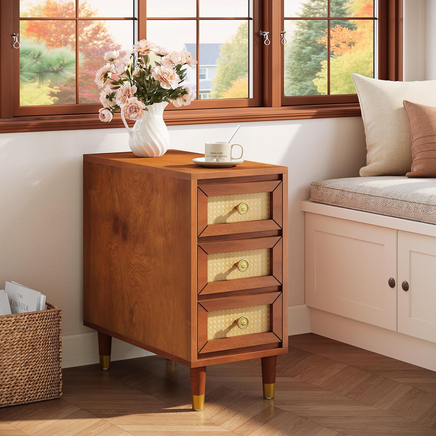 23.6" End Table, Solid Wood Sofa Side Table with Rattan Front and 3 Drawers Tribesigns