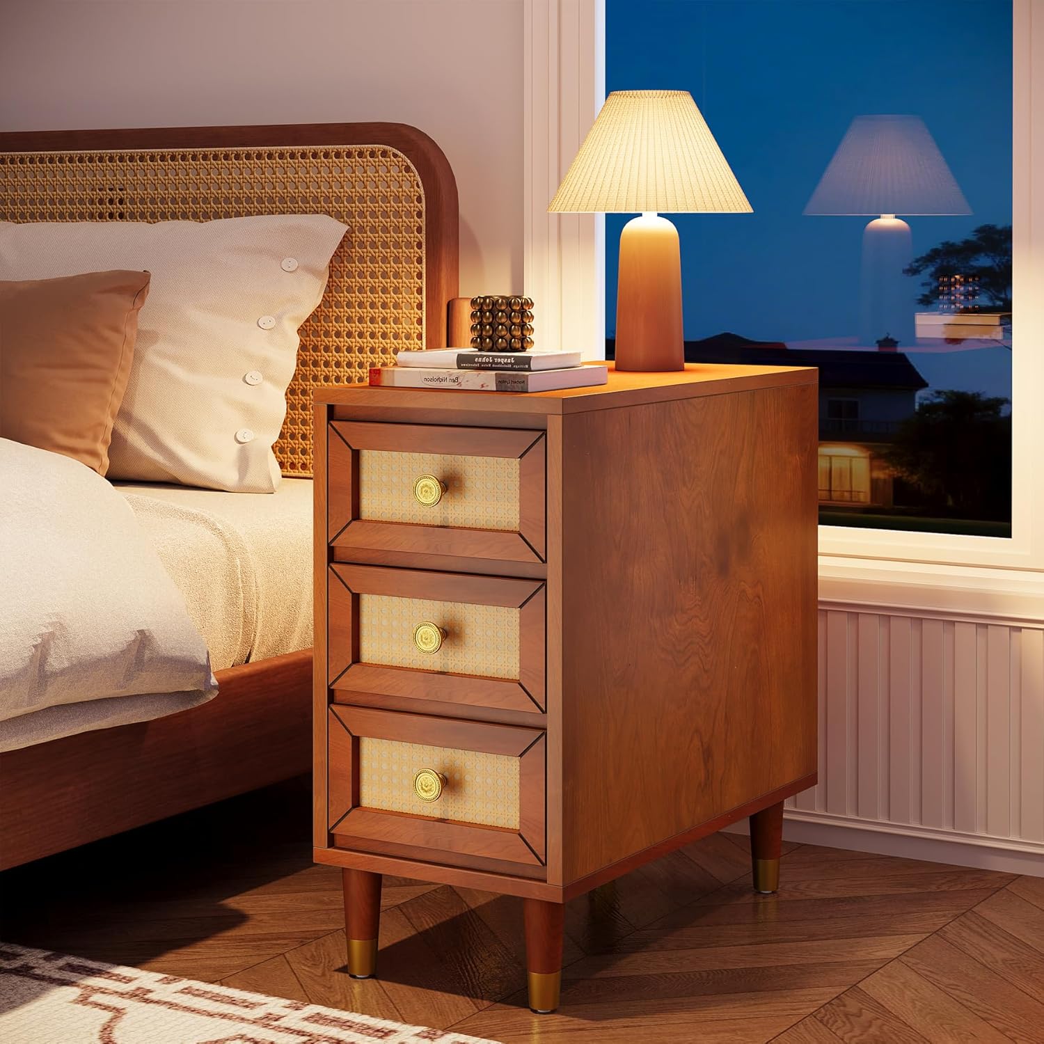 23.6" End Table, Solid Wood Sofa Side Table with Rattan Front and 3 Drawers Tribesigns