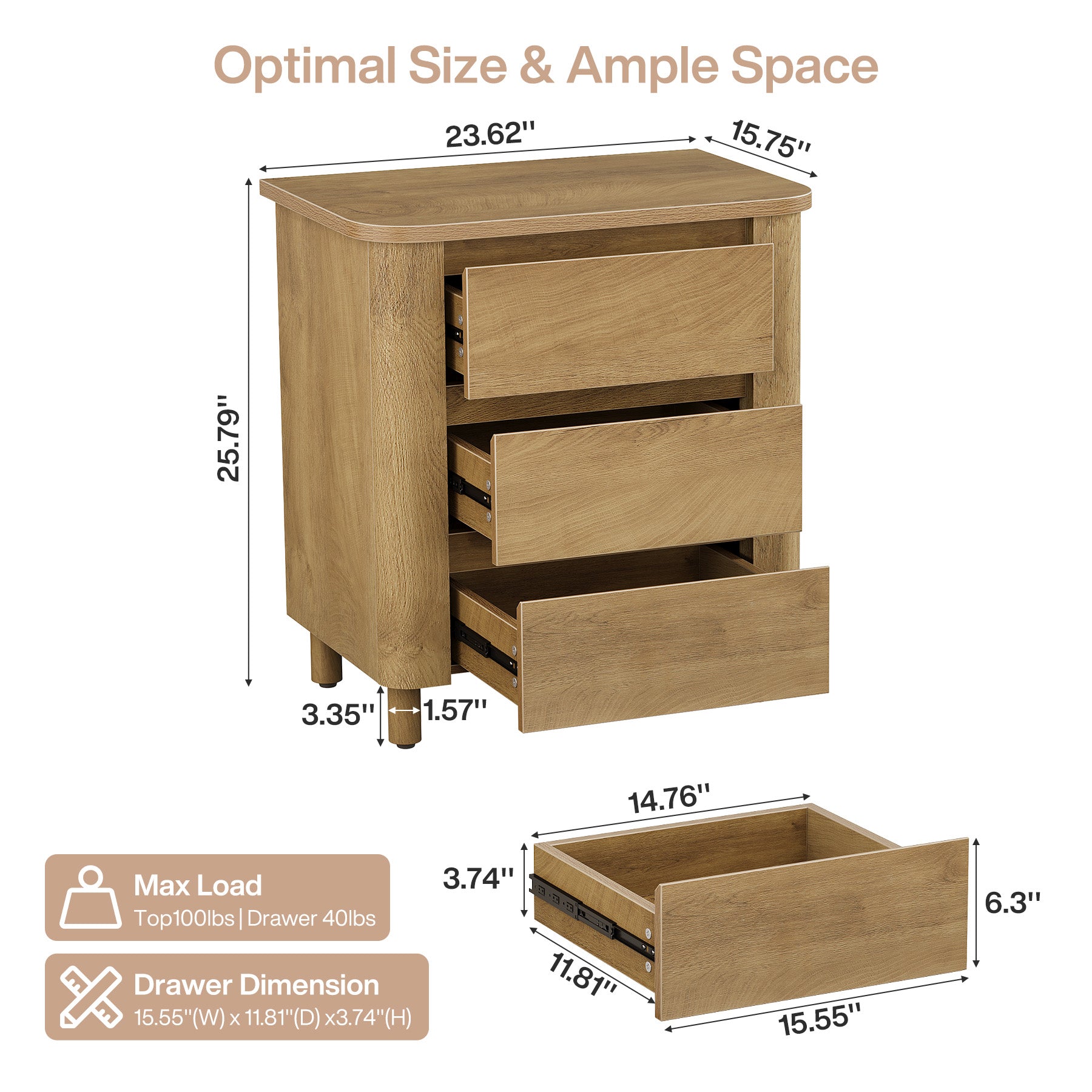 23.6" Nightstand, Farmhouse Bedside Table with 3 Drawers