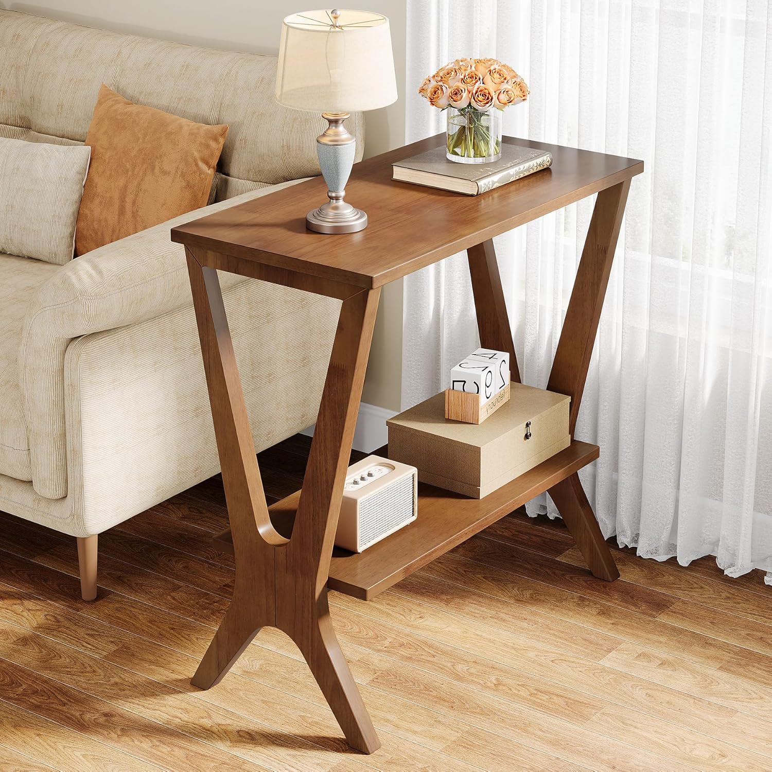 23.6" Solid Wood End Table, 2 - Tier Storage Shelves Sofa Side Table Tribesigns