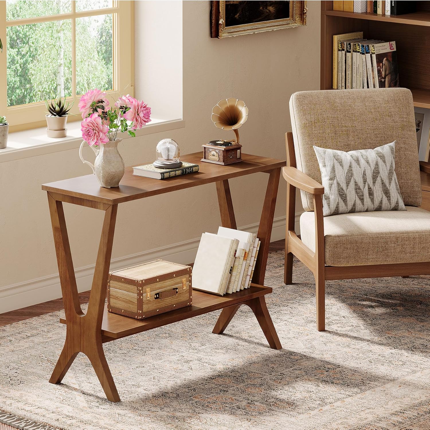 23.6" Solid Wood End Table, 2 - Tier Storage Shelves Sofa Side Table Tribesigns