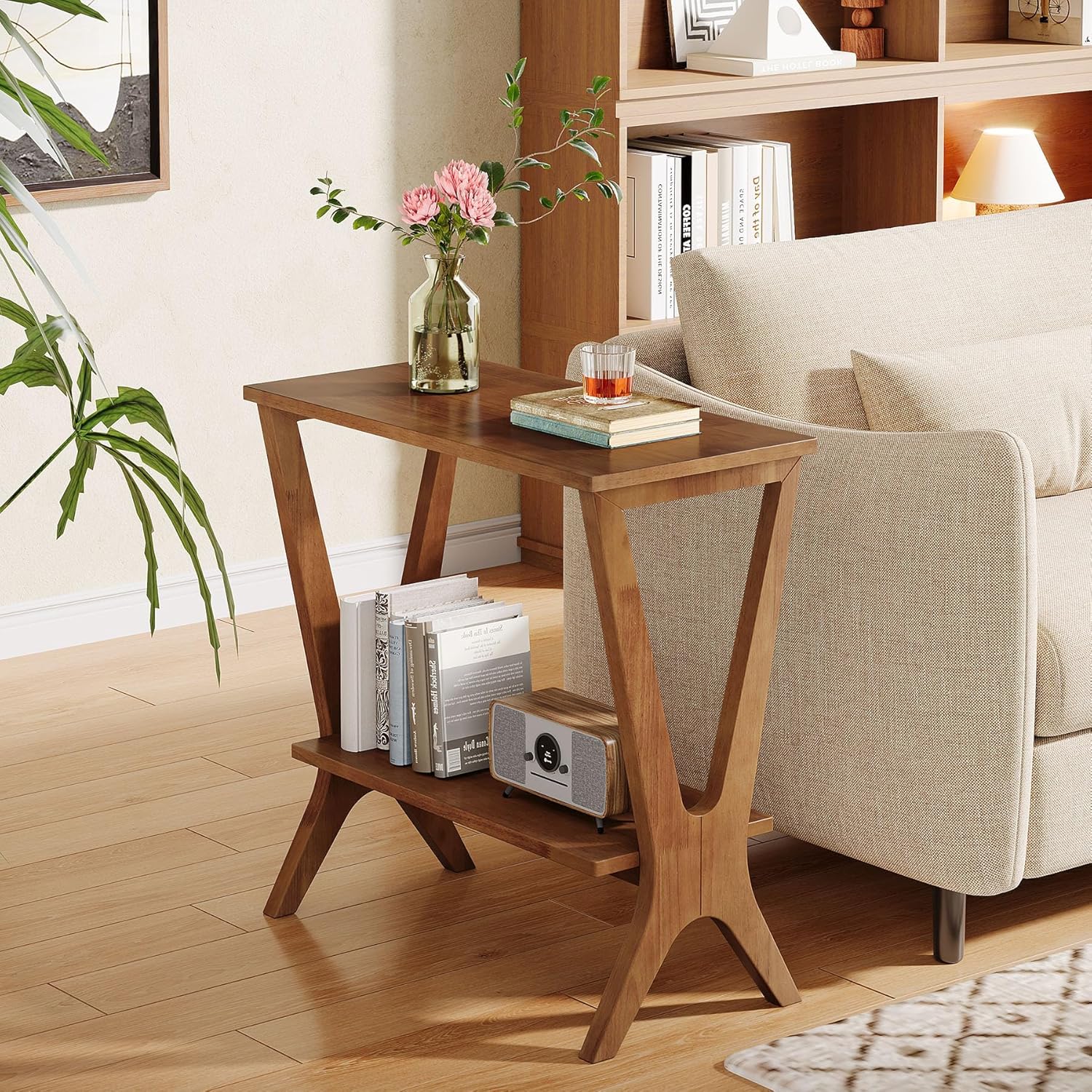 23.6" Solid Wood End Table, 2 - Tier Storage Shelves Sofa Side Table Tribesigns