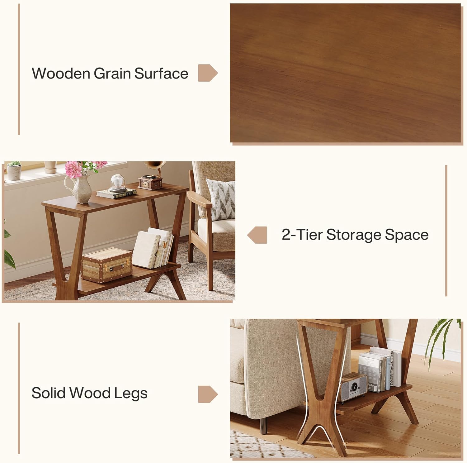 23.6" Solid Wood End Table, 2 - Tier Storage Shelves Sofa Side Table Tribesigns