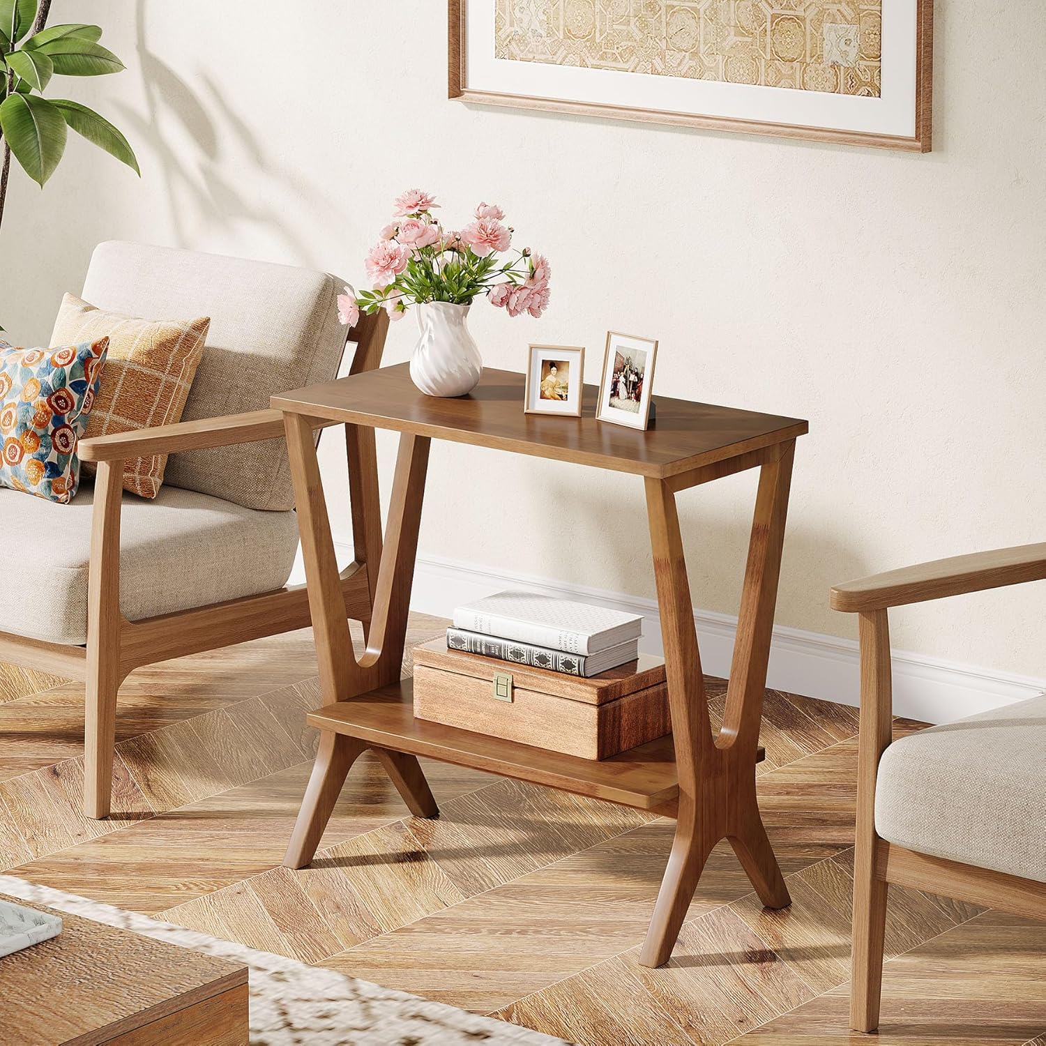 23.6" Solid Wood End Table, 2 - Tier Storage Shelves Sofa Side Table Tribesigns