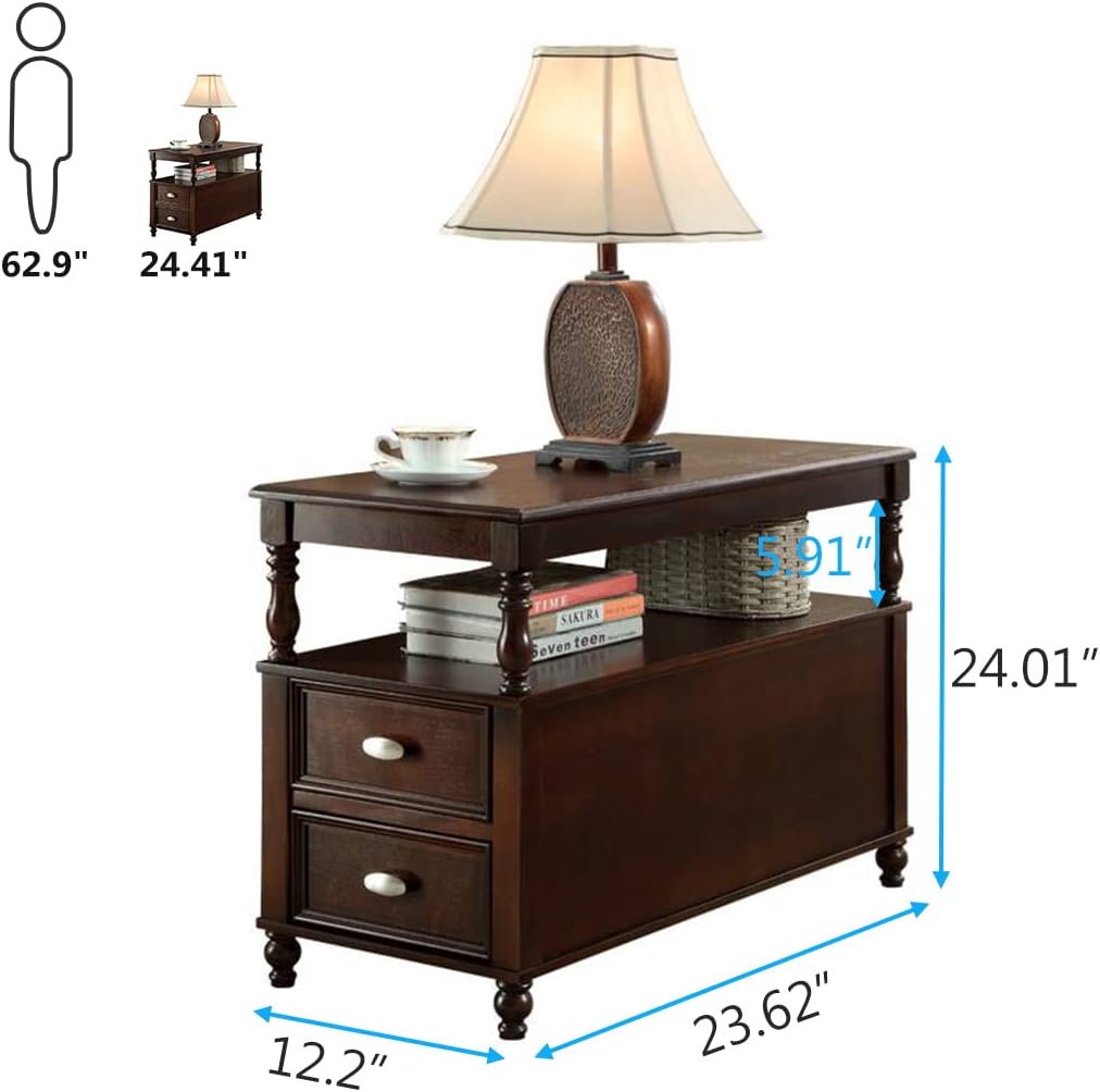 23.6" End Table, Solid Wood Accent Nightstand Bedside Table with Double Drawer Tribesigns