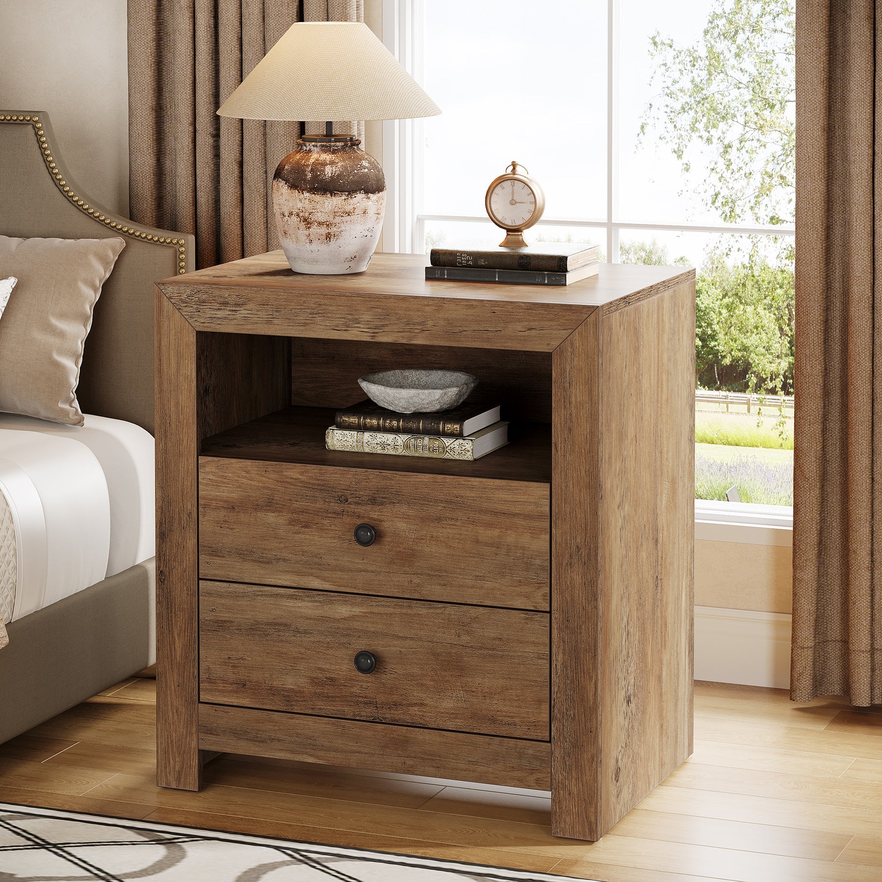 23.6" Nightstand, Rustic Bedside Table with 2 Storage Drawers Tribesigns