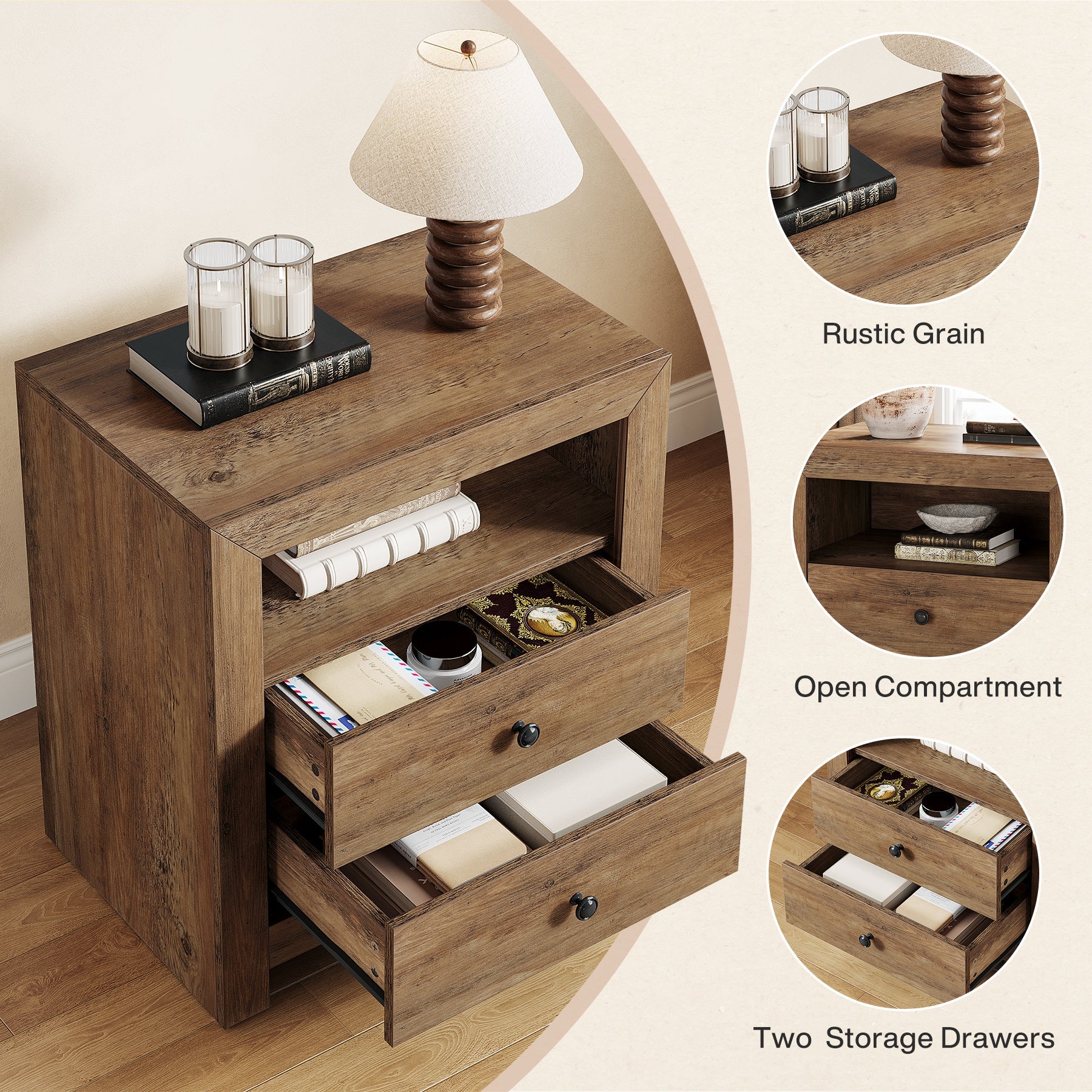 23.6" Nightstand, Rustic Bedside Table with 2 Storage Drawers Tribesigns