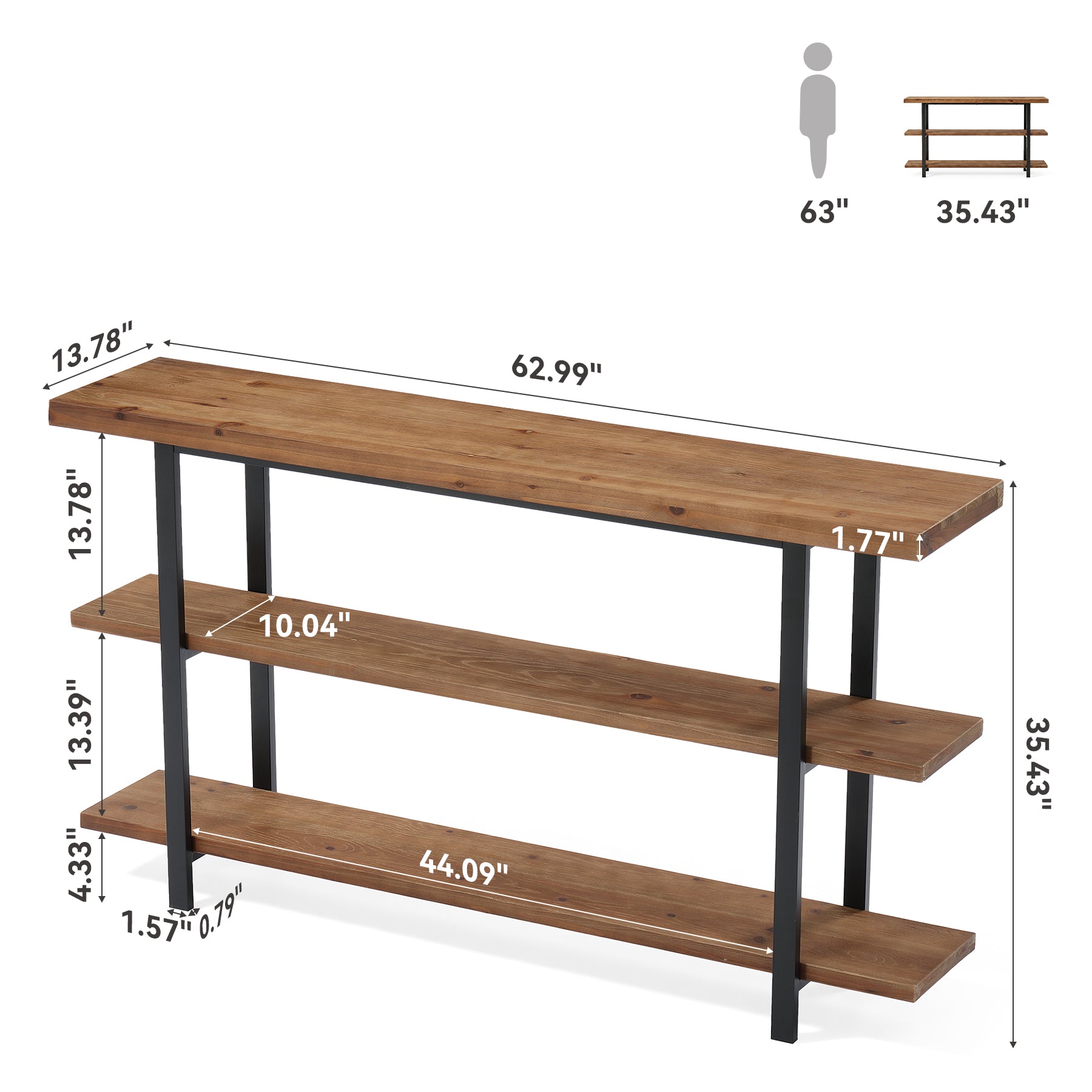 63" Solid Wood Console Table with 3-Tier Storage, Farmhouse Entryway Sofa Table with Metal Frame