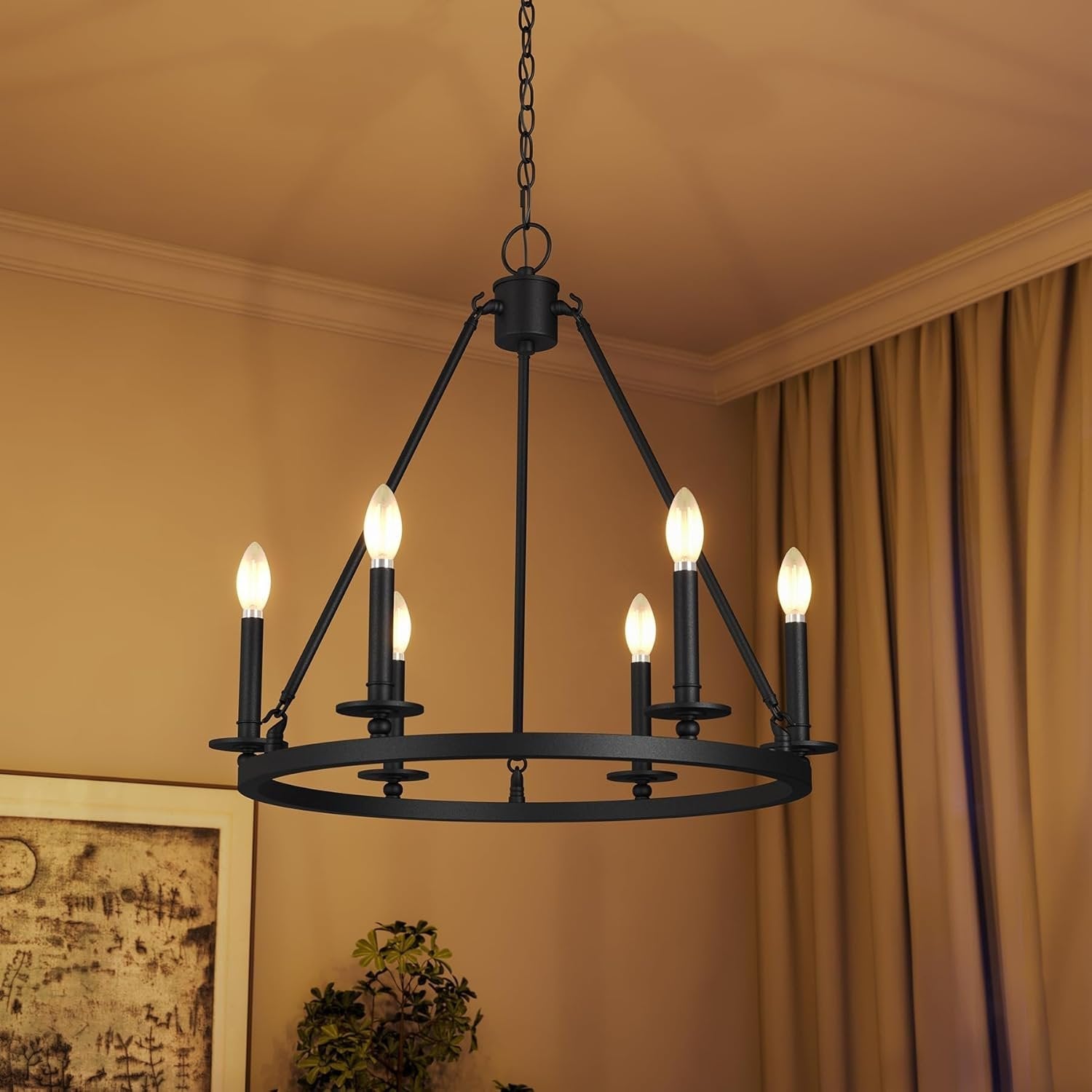 26" Ceiling Light Fixture, 6-Lights Wagon Wheel Chandelier for Farmhouse