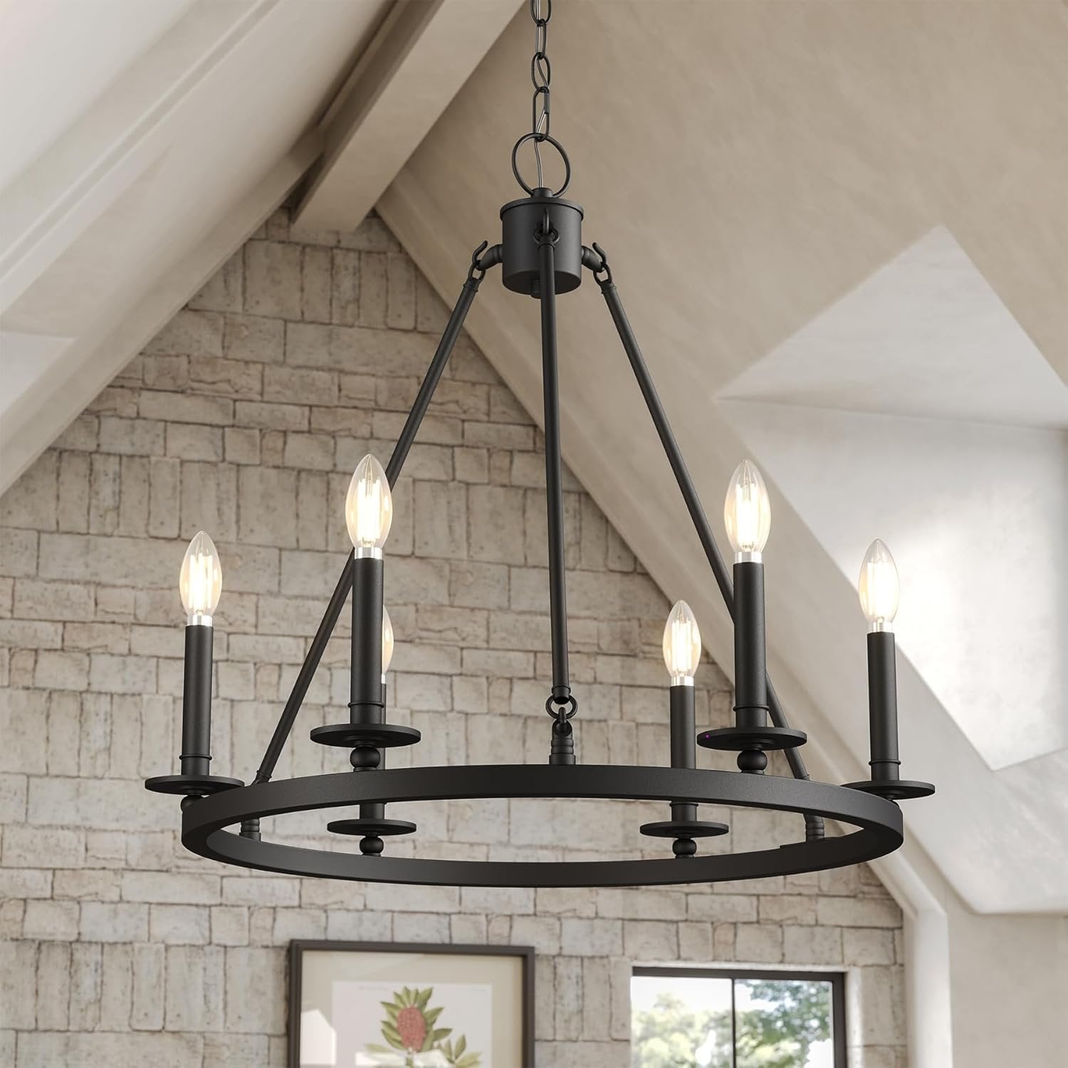 26" Ceiling Light Fixture, 6-Lights Wagon Wheel Chandelier for Farmhouse