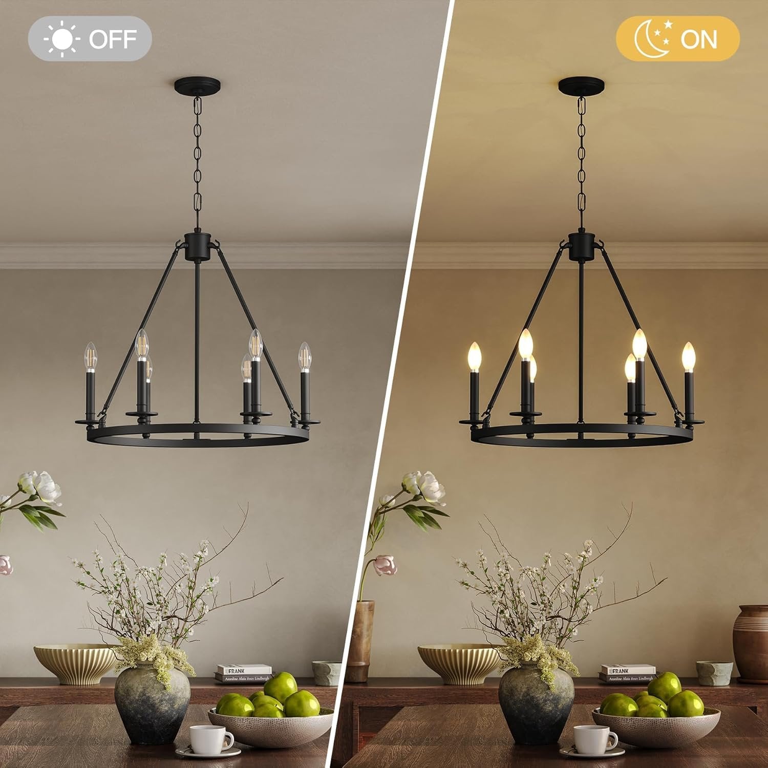 26" Ceiling Light Fixture, 6-Lights Wagon Wheel Chandelier for Farmhouse