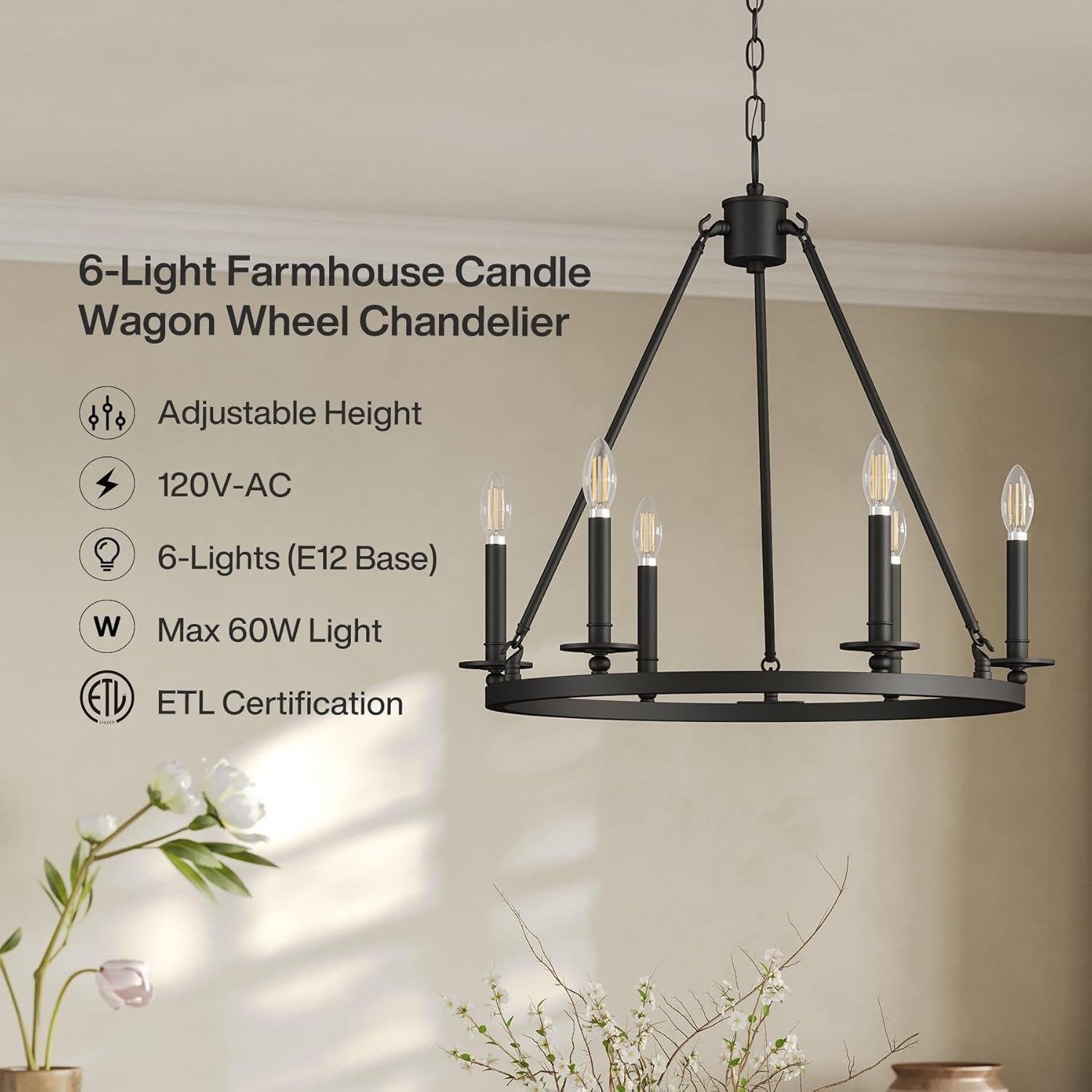 26" Ceiling Light Fixture, 6-Lights Wagon Wheel Chandelier for Farmhouse