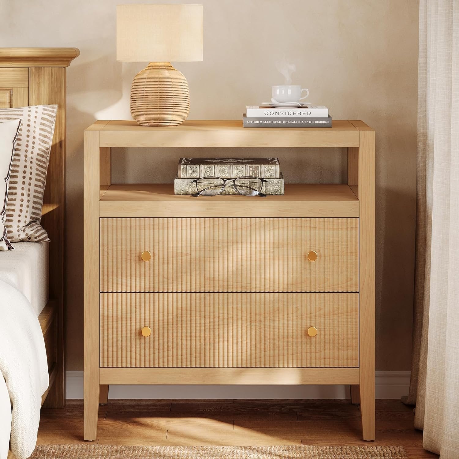 29.5" Farmhouse Nightstand, 2-Drawer Wide Bedside Table with Open Storage Shelf