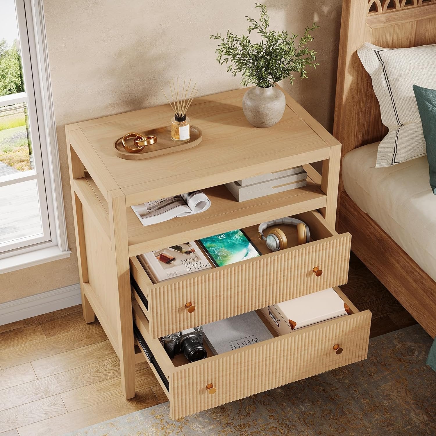 29.5" Farmhouse Nightstand, 2-Drawer Wide Bedside Table with Open Storage Shelf