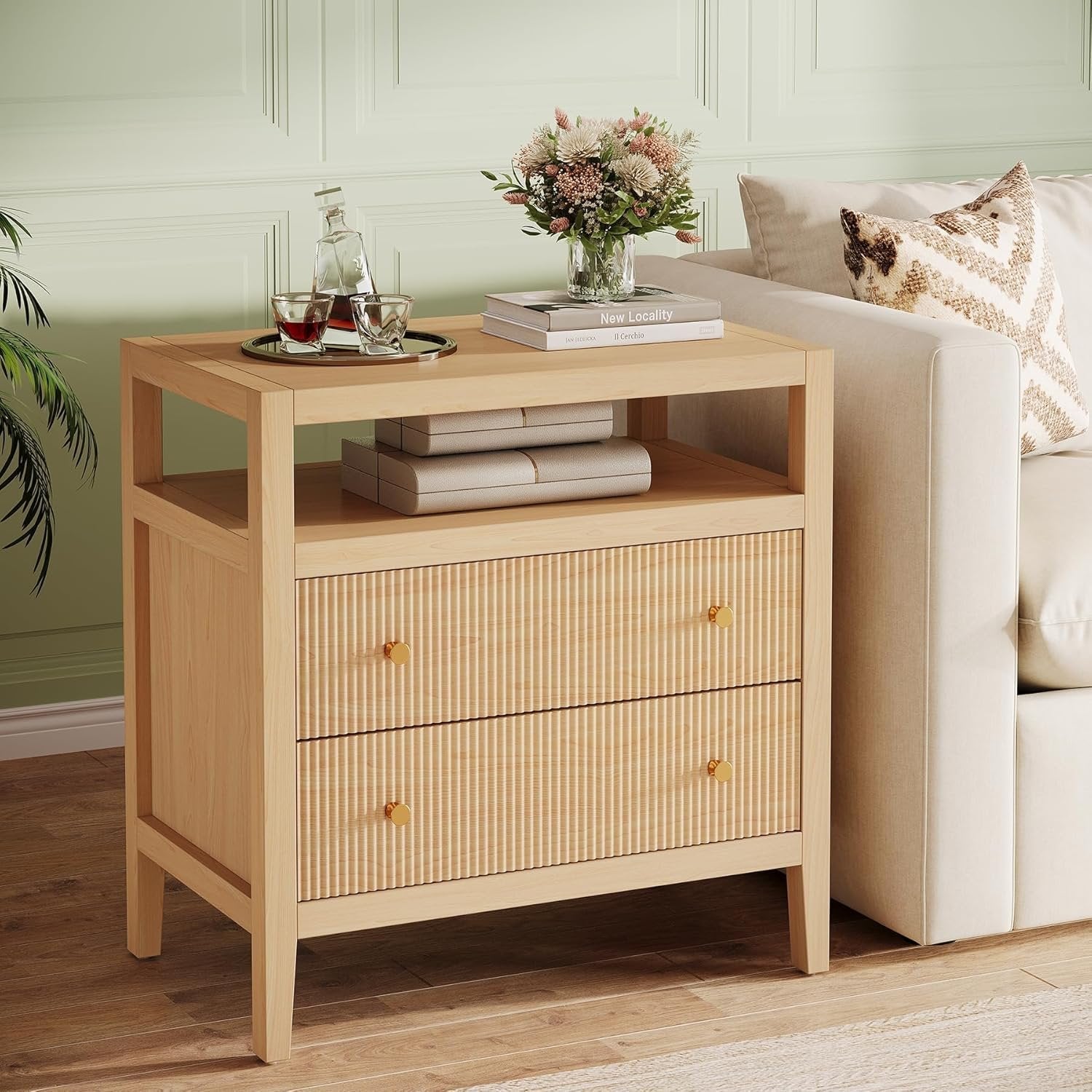 29.5" Farmhouse Nightstand, 2-Drawer Wide Bedside Table with Open Storage Shelf