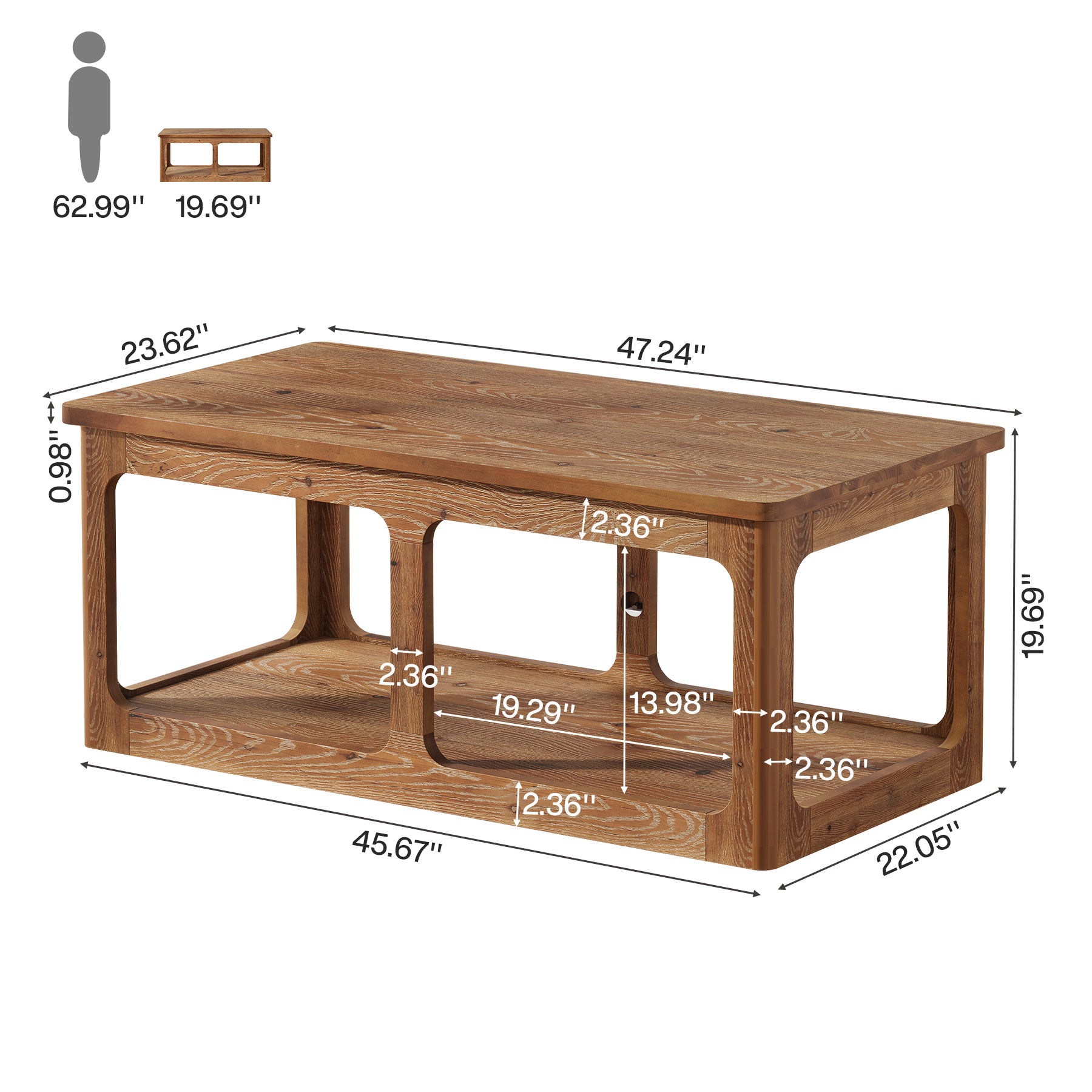 47.2" Rectangle Coffee Table, 2-Tier Solid Wood Center Table Cocktail Tea Table