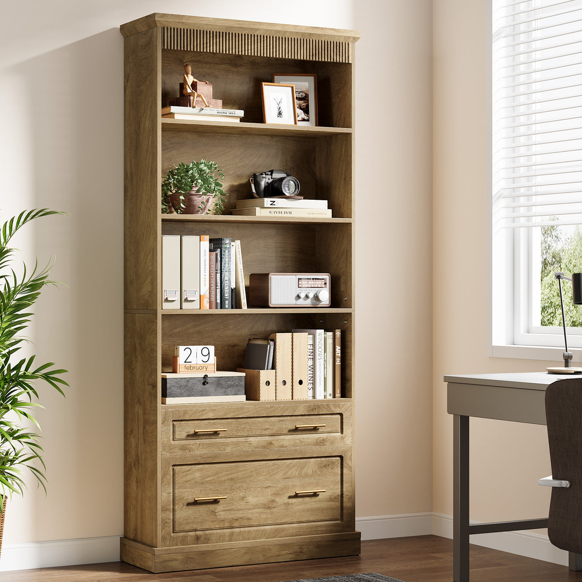 72" Bookshelf with Drawers, Freestanding 5-Shelf Bookcase Display Shelf