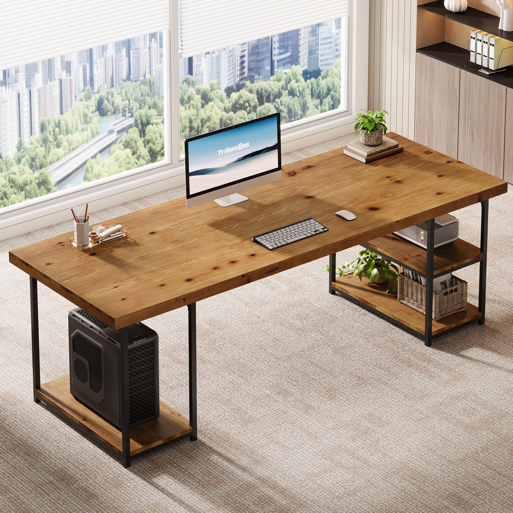 Solid Wood Computer Desk , 71" Home Office Desk with Shelves